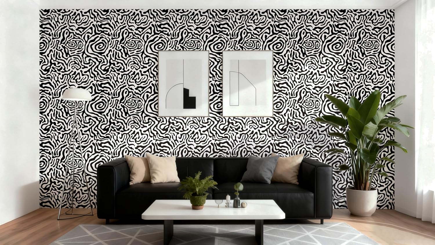EeeComing Black and White Peel and Stick Wallpaper Abstract Geometric Self Adhesive Removable Contact Paper Thicken Waterproof Easy to Clean Decorative Wall Paper for Bedroom Bathroom 17.3in x 78.7in