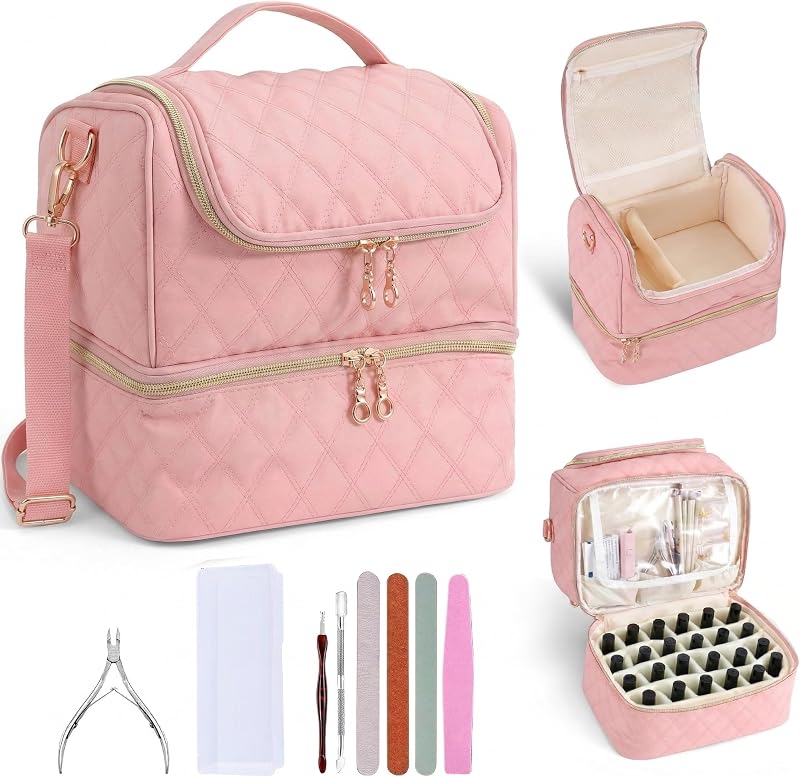 Estojo portátil BAGCRAZY para esmaltes e materiais de manicure, 2 compartimentos, bandeja acolchoada para 24 frascos, 8 ferramentas e divisória removível, rosa