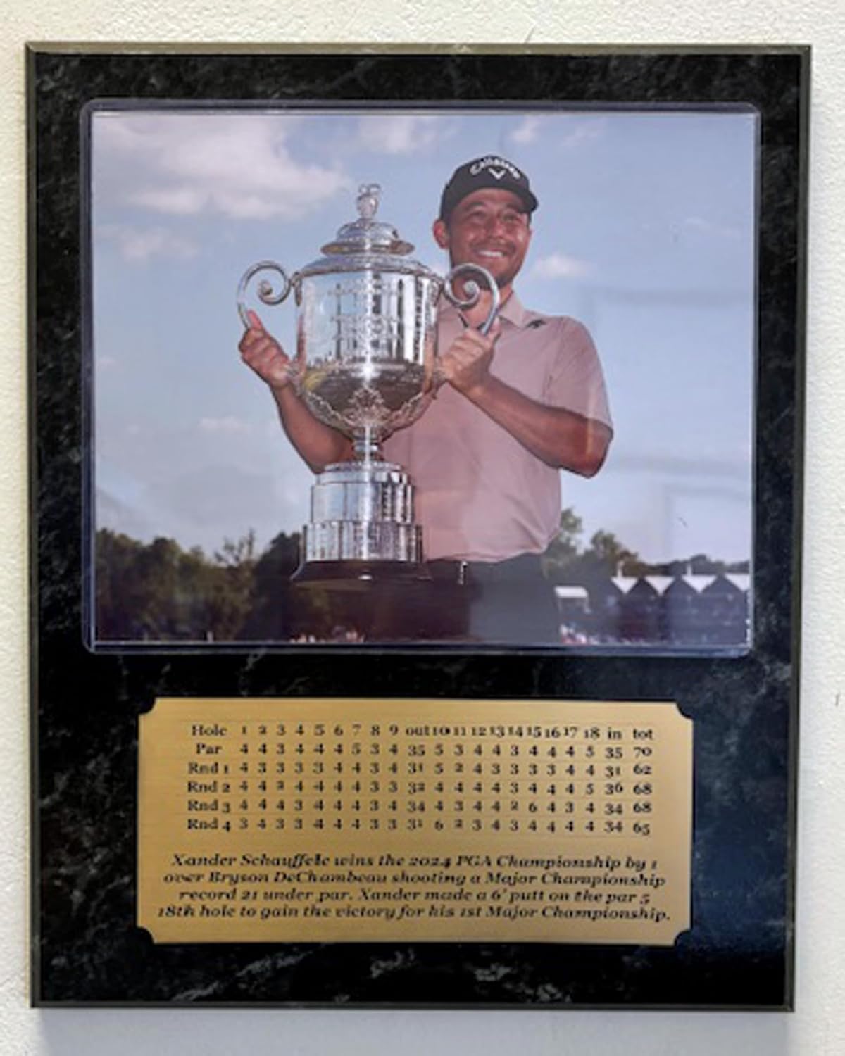 Xander Schauffele 2024 PGA Championship 8x10 Photo Plaque with an Engraved 4 Round scorecard nameplate.