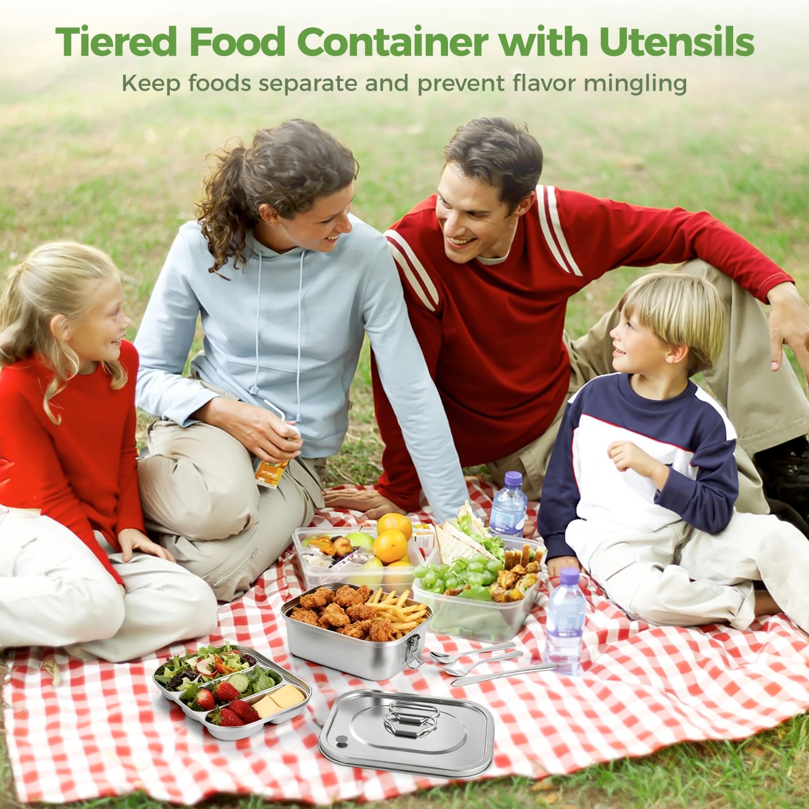 Boîte bento en acier inoxydable avec couverts, grand récipient repas à étages, lunch box réutilisable anti-fuite à 3 compartiments, poignée de transport pour bureau, école, pique-nique, sport