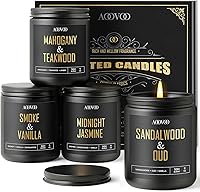 AOOVOO Scented Candles for Men - 4 Pack 36oz Soy Wax, 200 Hour Burn, Sandalwood Oud, Mahogany Teakwood, Smoke Vanilla, Jasmine Gift Set