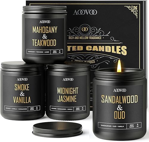 AOOVOO Velas perfumadas para hombres  Paquete de 4 velas para el hogar, cera de soja de 36 onzas, tiempo de combustión de 200 horas, juego de velas