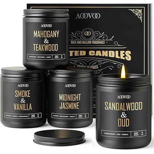 AOOVOO Scented Candles for Men - 4 Pack Candles for Home Scented, 36oz Soy Wax, 200 Hour Burn Time, Men Candle Set, Sandalwood Oud/Mahogany Teakwood/Smoke Vanilla/Jasmine Candle Set A