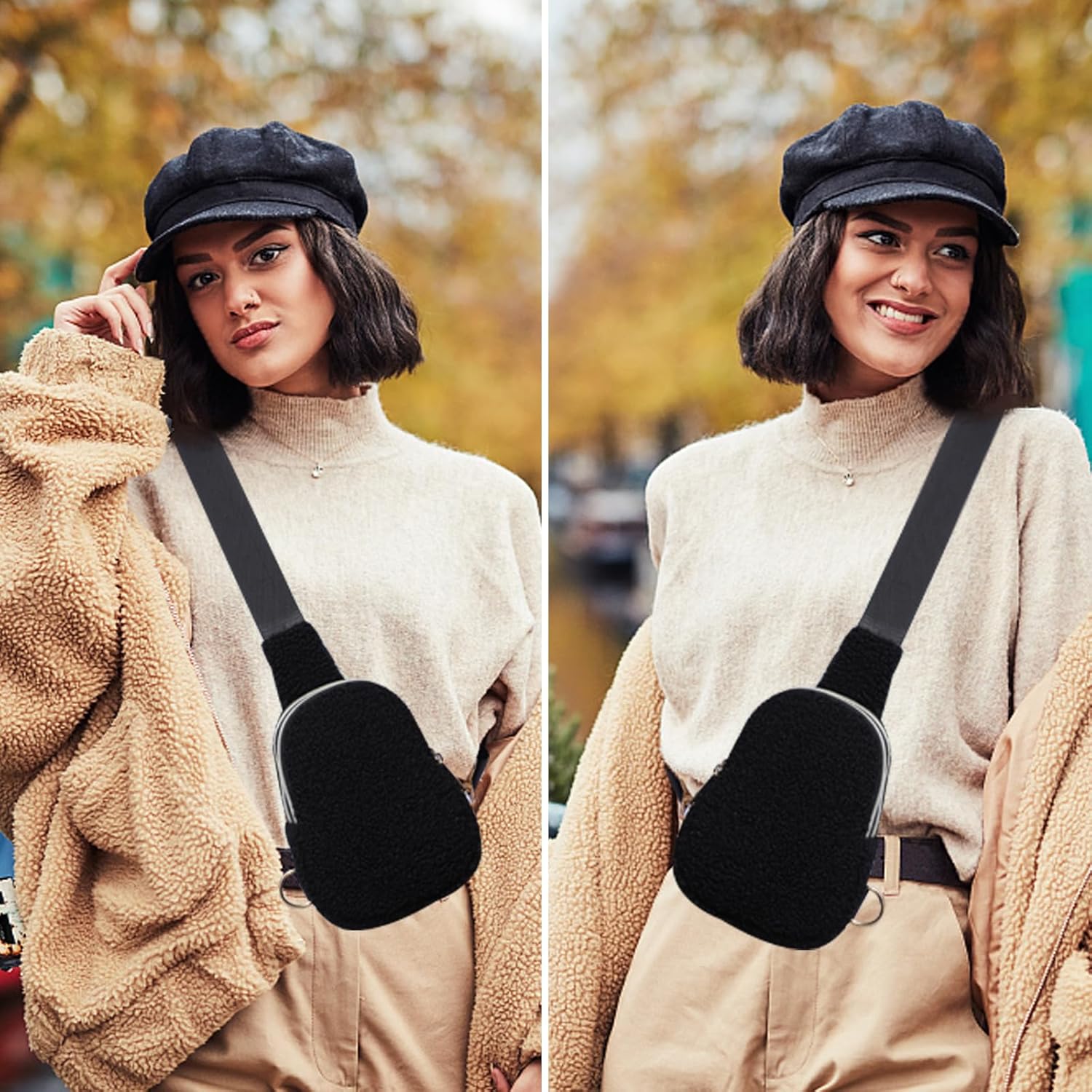 Fleece Sling Bag Crossbody, Sherpa Fanny Pack for Women, Fashionable Crossbody with Adjustable Strap, Black - Image 2