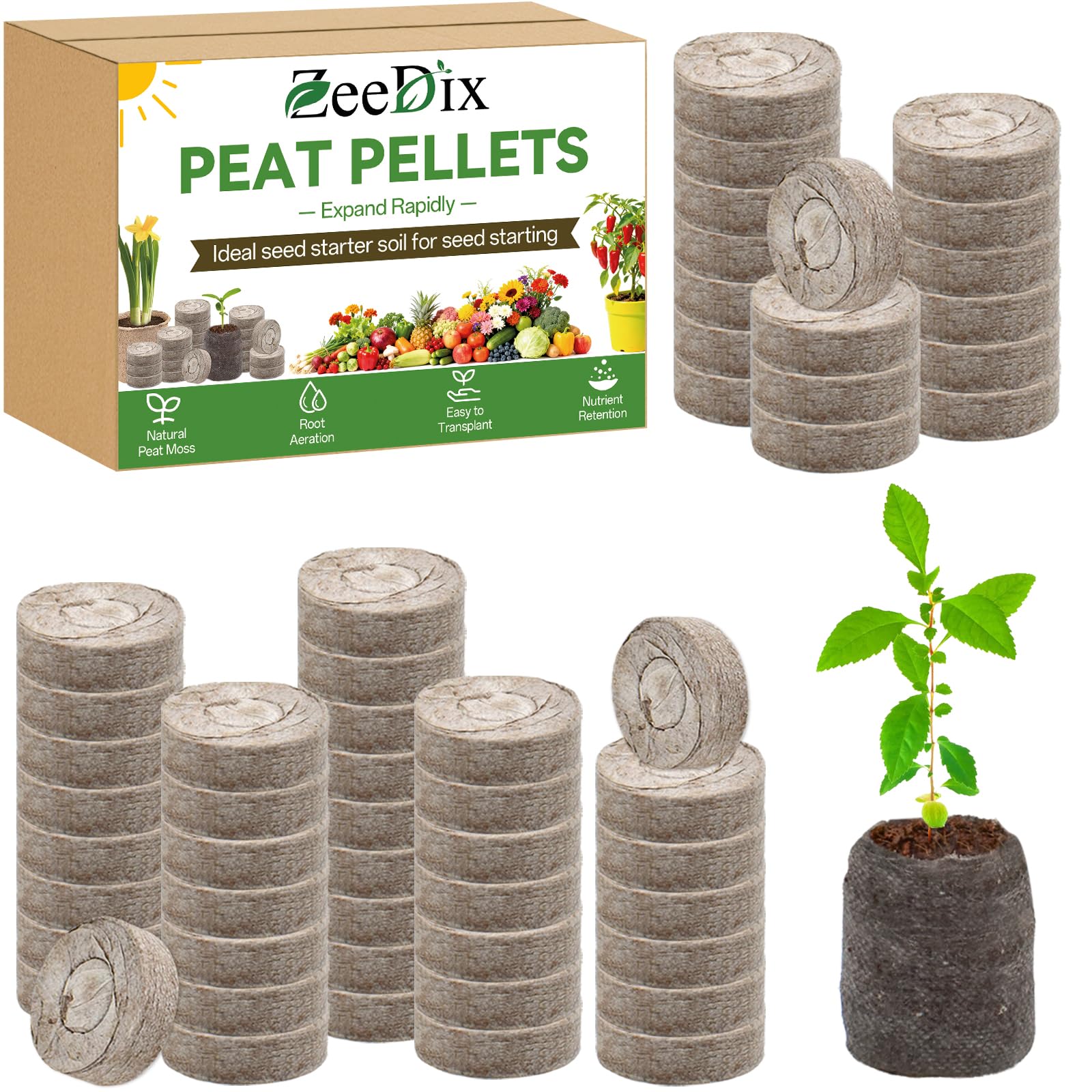ZeeDix Peat Pellets for Seed Starting, 50 Pcs 36mm Seed Starter Soil Pods