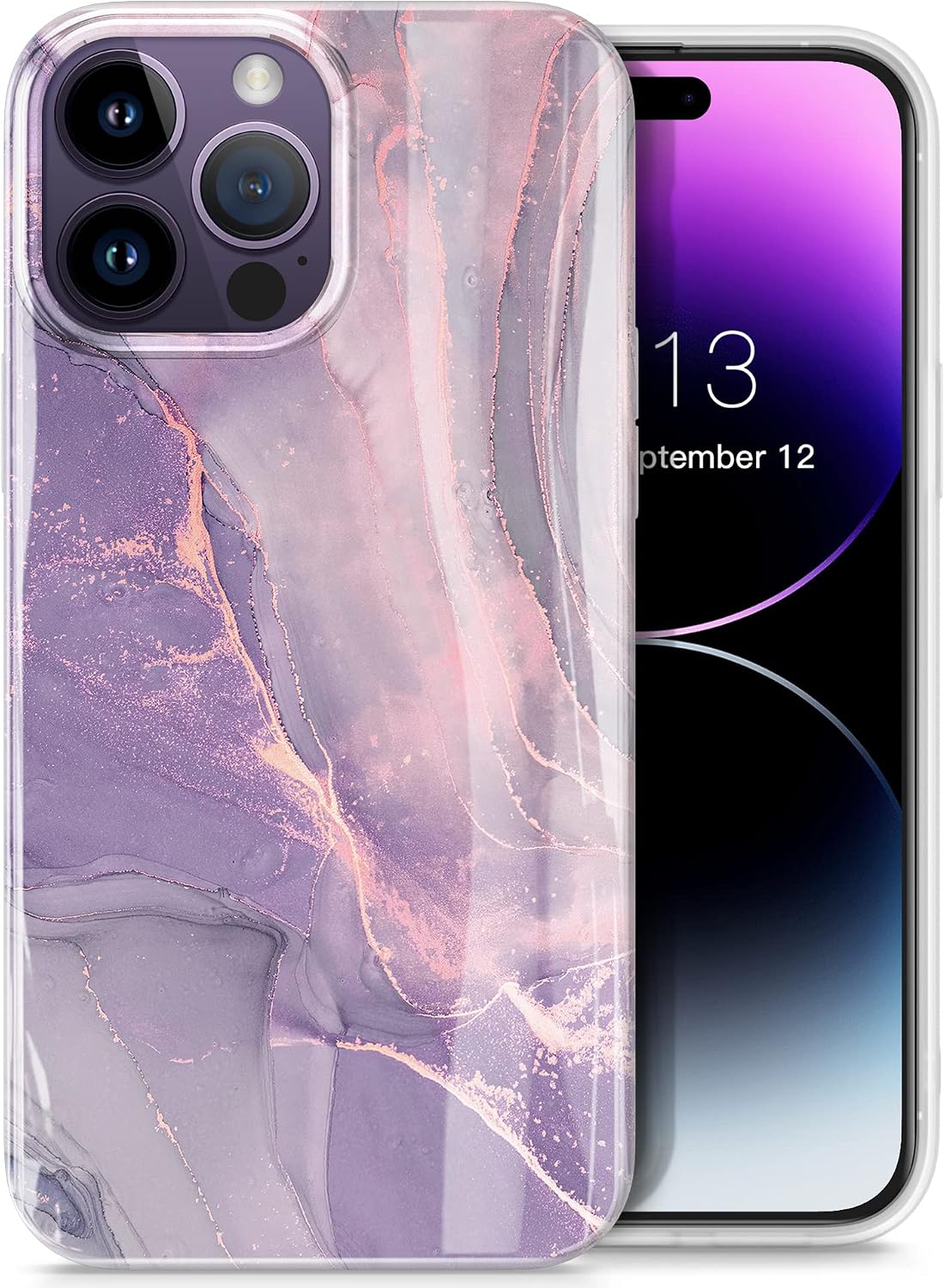 GVIEWIN Compatible with iPhone 14 Pro Max Case,[10FT Military Grade Drop Protection] Marble Shockproof Protective Slim Glossy Stylish TPU Durable Phone Cover Case 2022 6.7 Inch(Flash/Purple)