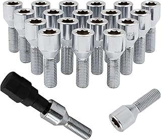 Wheel Accessories Parts Set of 20 Chrome 14x1.5 Socket Tuner Lug Bolts Cone Seat Acorn 8 Point Tuner 28mm Shank Length Small Diameter Wheel Lug Bolts with Dual Hex Key (20, Chrome, M14x1.5)