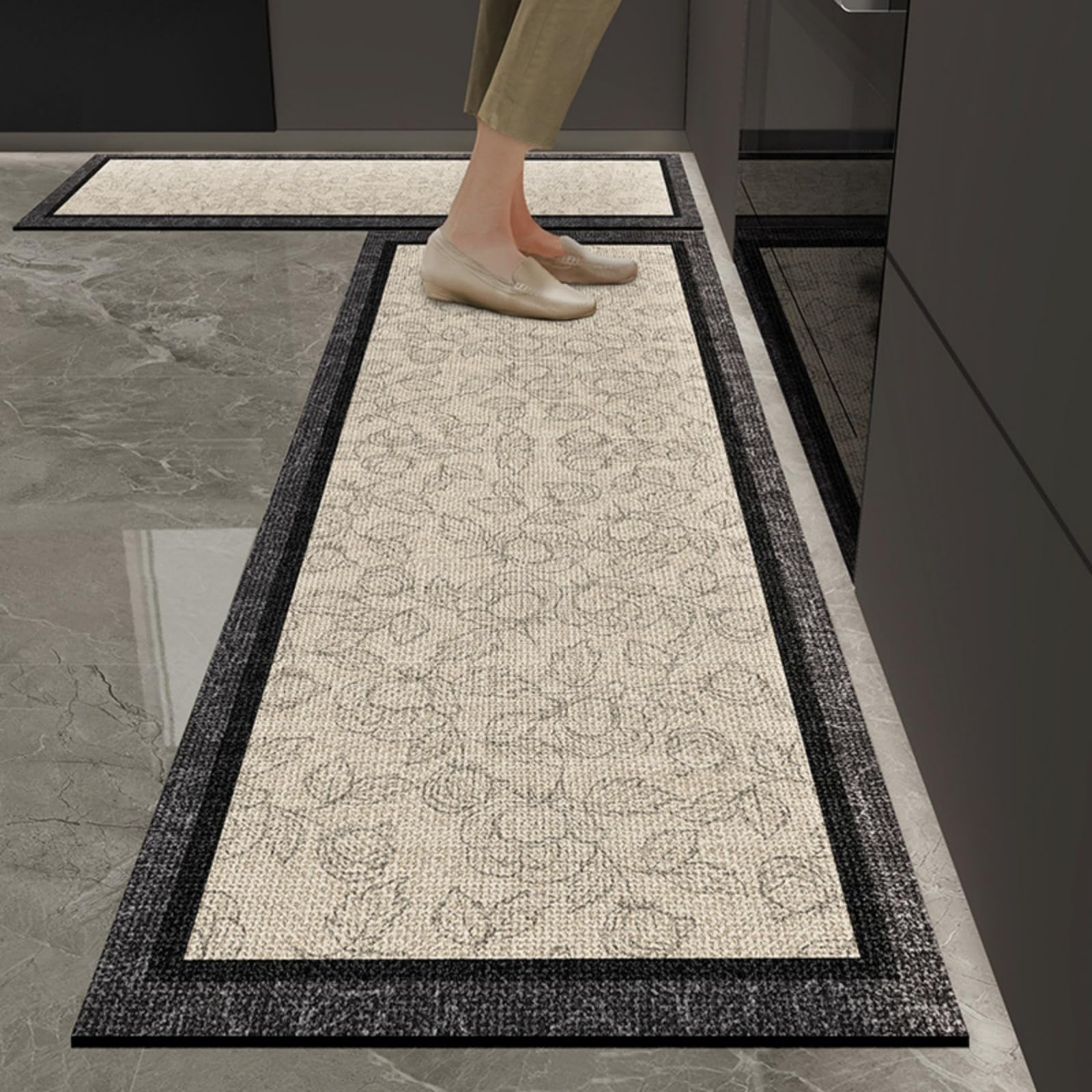 Tappeto Cucina 40X60Cm+40X120Cm Piante Bianche Tappeto Cucina Antiscivolo Lavabile Set Di 2 Pezzi,Tappetino Multiuso In Pelle,Comodità E Resistente,Per Ingresso,Camera,Bagno