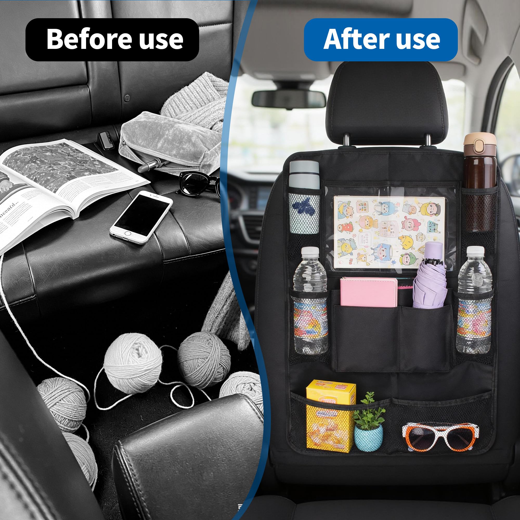 JIYANA 2 Piezas Organizador Asiento Coche Niños, Protector Asiento Coche en Tela Oxford 600D Resistente al Desgaste, Organizador de Asiento para Respaldo con 10 Bolsillos Multifuncionales
