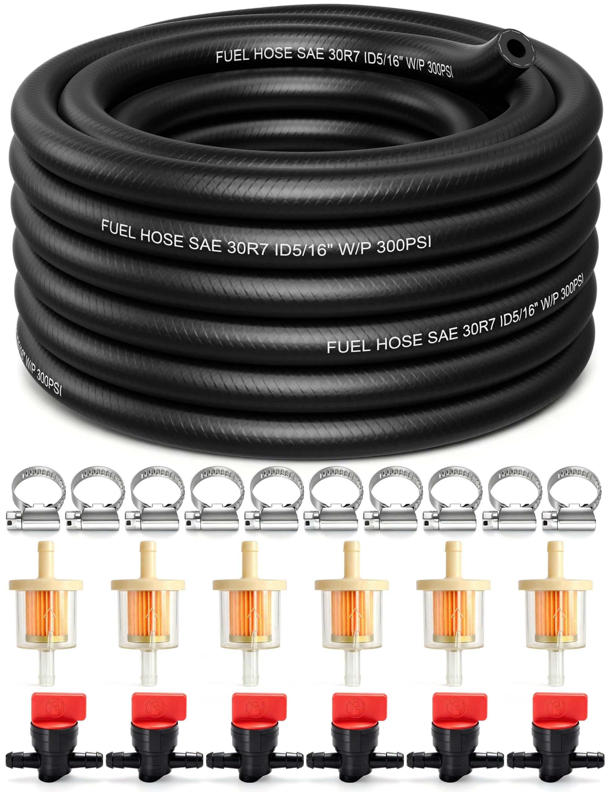 5/16"ID Fuel Line Kit 25FT NBR Hose with 10 Clamps for Lawn Mower
