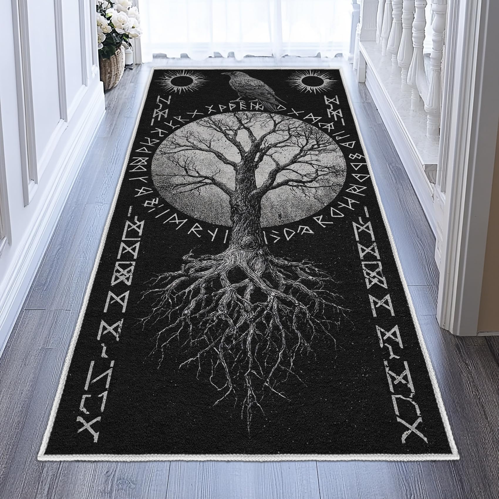 Generisch Wikinger Teppich Läufer 80x180, Nordische Mythologie Teppiche rutschfest Kurzflor Waschbar Bettumrandung Schlafzimmer, Baum des Lebens Teppichläufer für Küche Flur Eingangsbereich