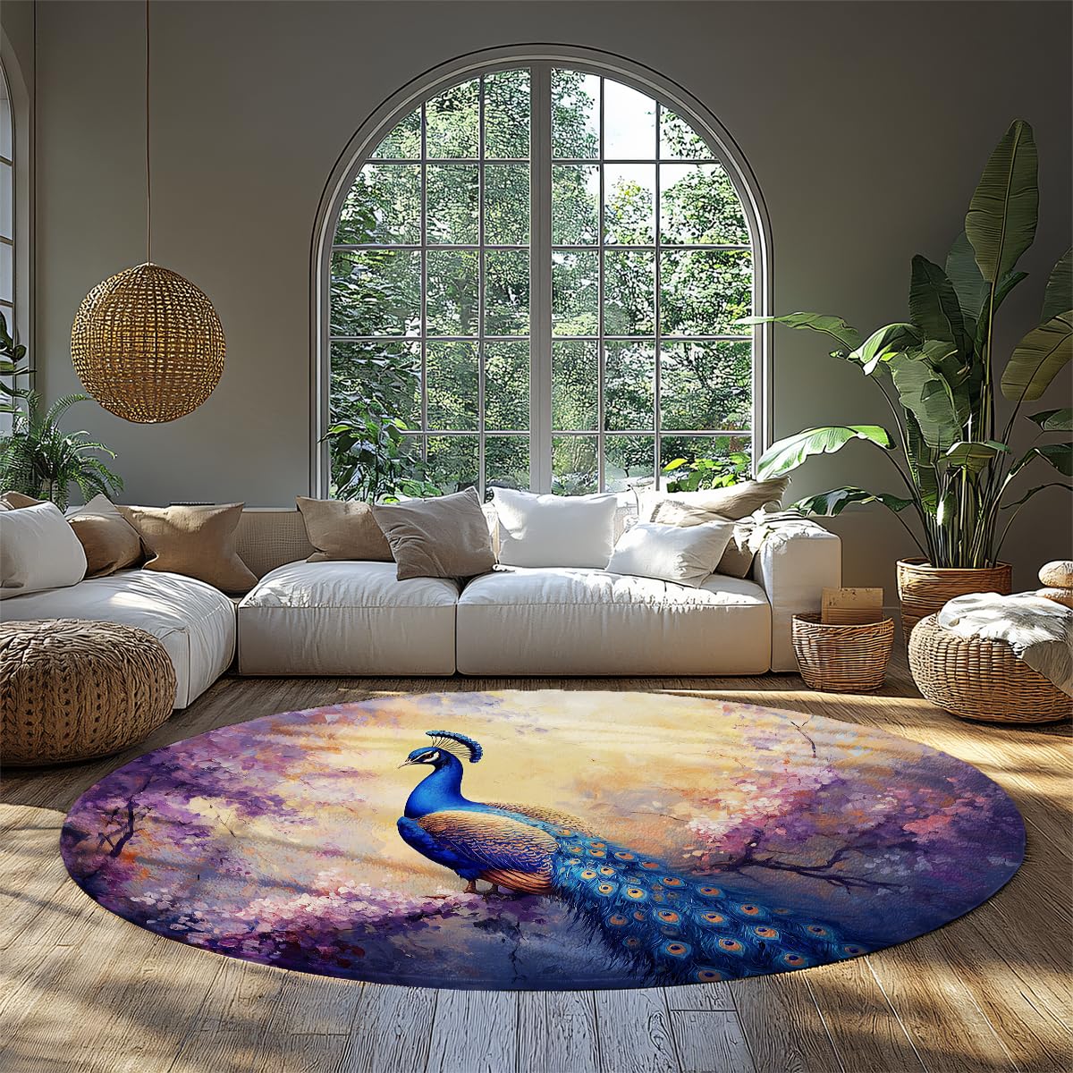 Tapis rond salon 240cm lavable fin intérieur floral bureau