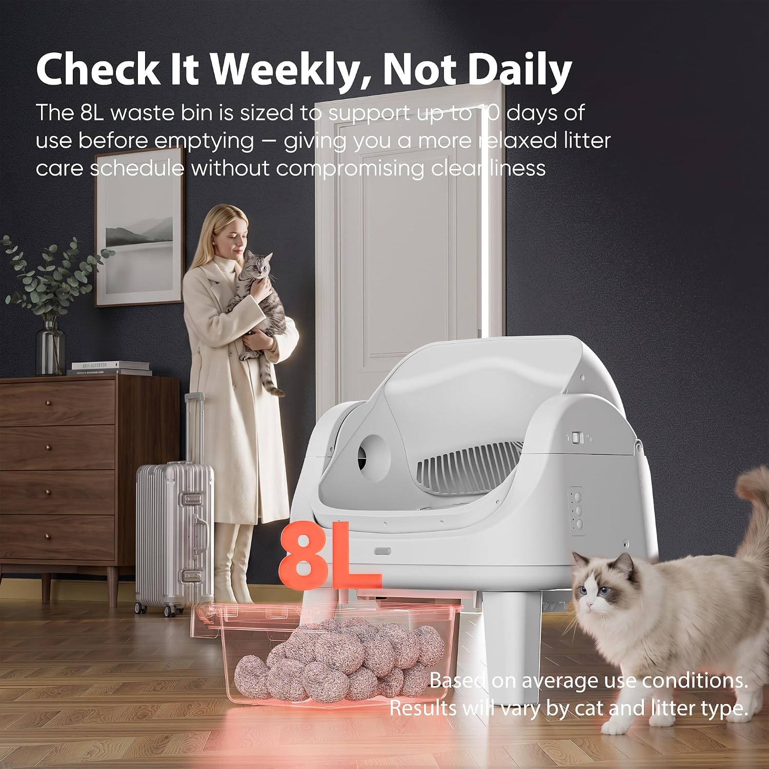 Self Cleaning Cat Litter Box Open Top, 7 Pairs Infrared Sensors Triple-Layer Anti-Pinch Protection, Half-Gear Safety Design, 32dB Quiet Automatic Litter Box for Large & Multiple Cats, White