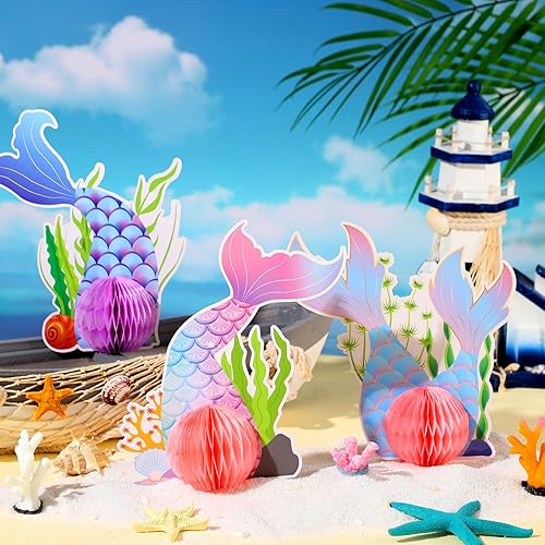 Miniatura 5 de 8 piezas de centro de mesa de sirena para mesas, decoración de centro de mesa de panal de sirena, temática oceánica, decoración de fiesta de