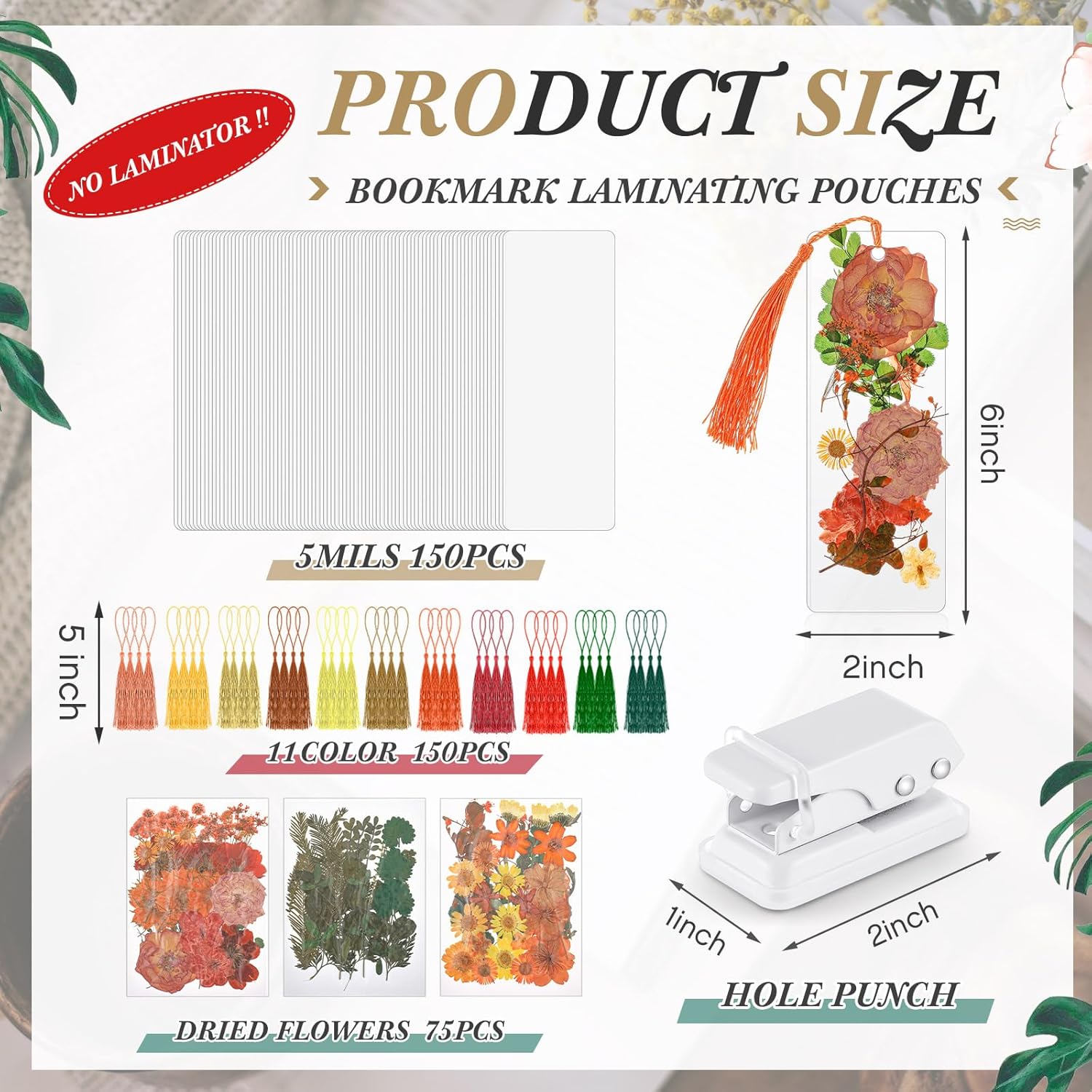 Fuyoooo 376 Pcs Dried Flower Bookmark Making Kit, DIY Bookmark Laminating Pouches with Tassels and Puncher DIY Project Gifts for Mother's Day Women Book Lovers (Orange Yellow,2 x 6 Inch)