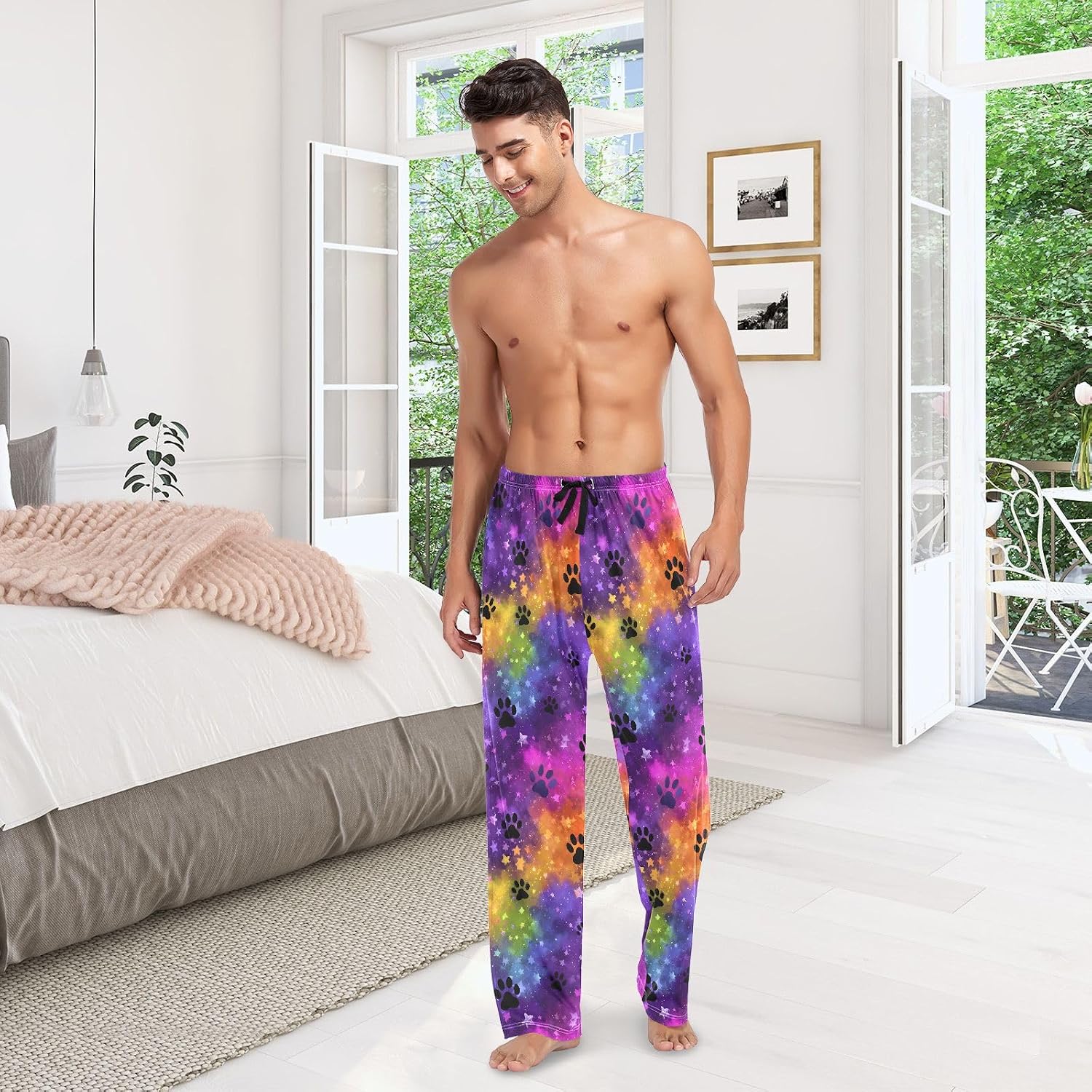ALAZA Black Paw Prints Colorful Men's Pajama Pants Men Cotton Pajama Bottoms with Pockets, S