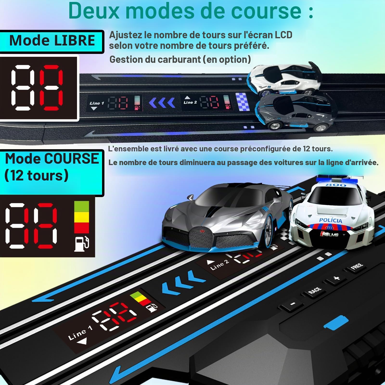 Set de Course de Voitures Slot avec Affichage des Tours à LED, Retour Vocal, 4 Voitures sous Licence, Piste de 13,5 m (44 Pieds), alimenté électriquement ou par Batterie pour Enfants et Adultes