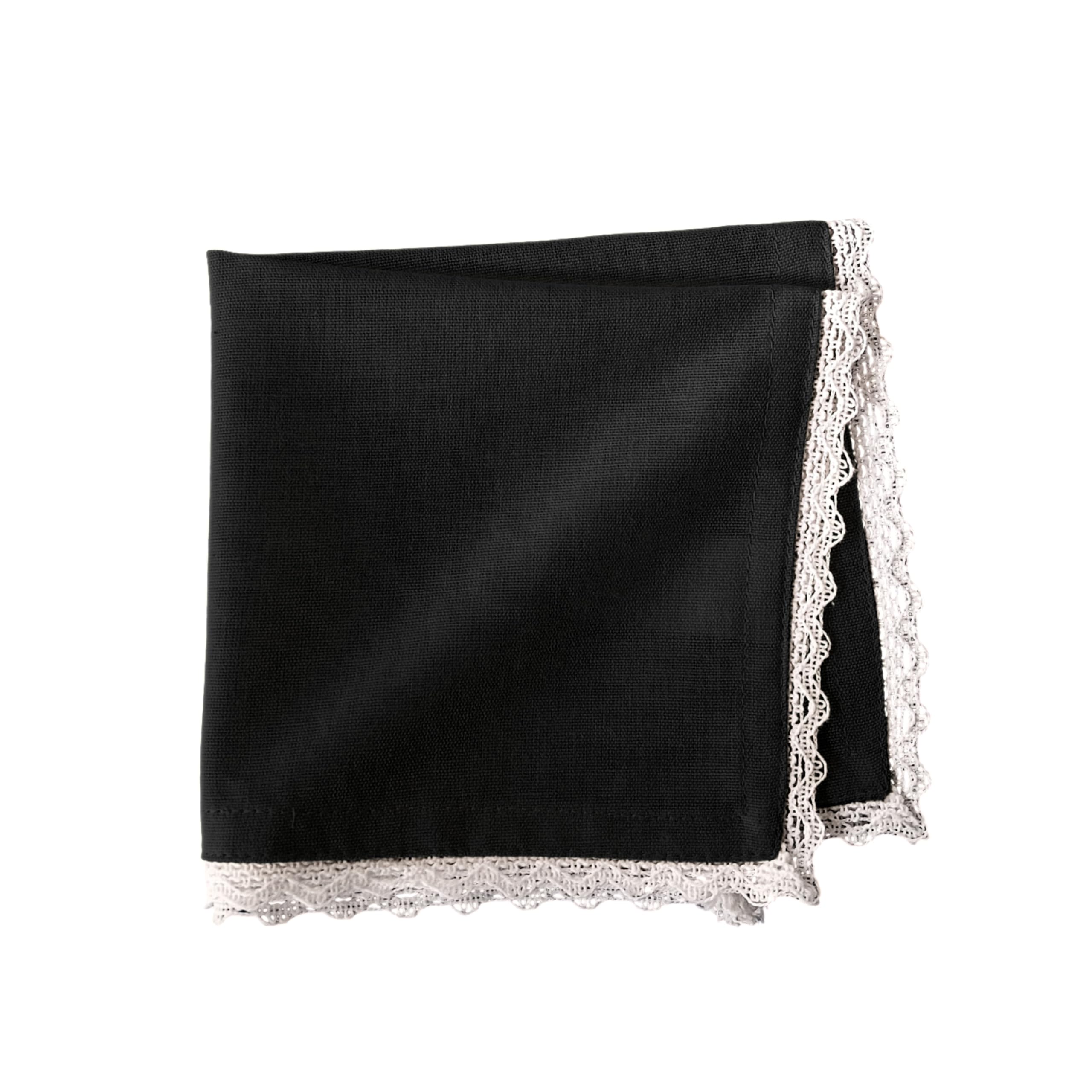 FINGERCRAFT Cloth Napkin with Classic lace, 12x12 Inches Cotton Linen Blend Fabric, Table Napkins Set of 12 with Mitered Corner pre-Shrunk and Good Absorbency (Black)