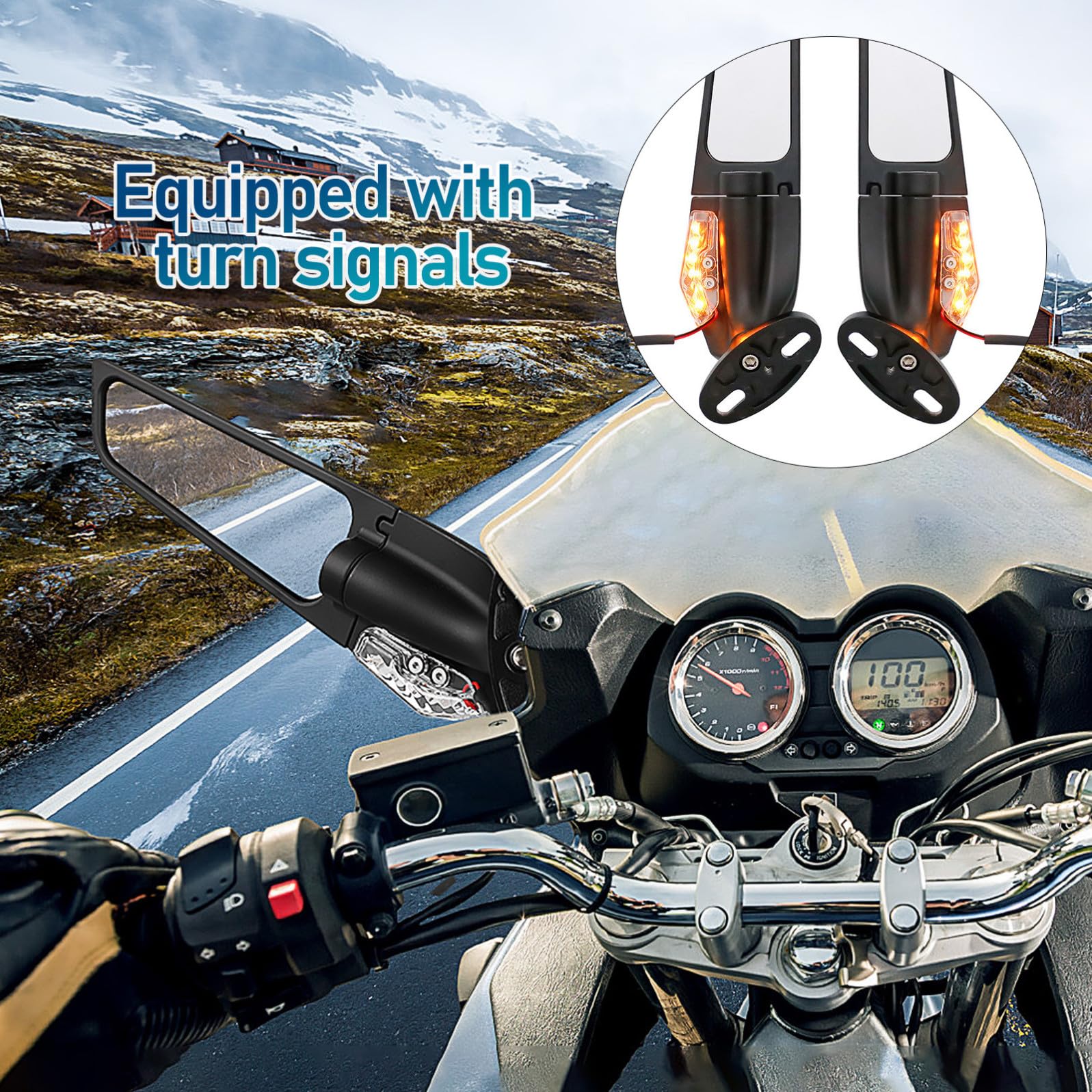 Hemobllo Specchietto Laterale per Motocicletta Luci Integrate, Set di Specchietti Retrovisori Pinna Alare, Adatti per Uso Urbano e Stradale, Montaggio Semplice su Manubrio