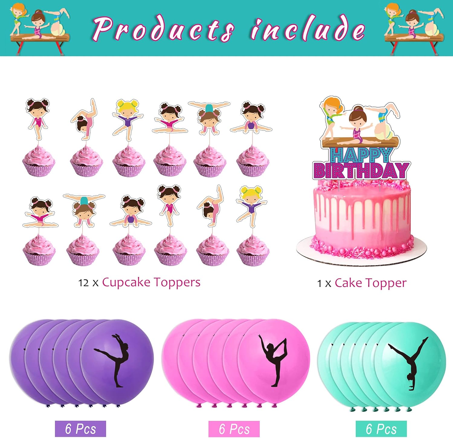 Gymnastics Birthday Party Supplies Bundle,Gymnastics Birthday Banner, 1pcs Cake Topper, 12pcs Cupcake Topper Decoration, 18pcs Gymnastics Party Latex Balloons, Cheerleaders Party Supplies Decoration : Toys & Games