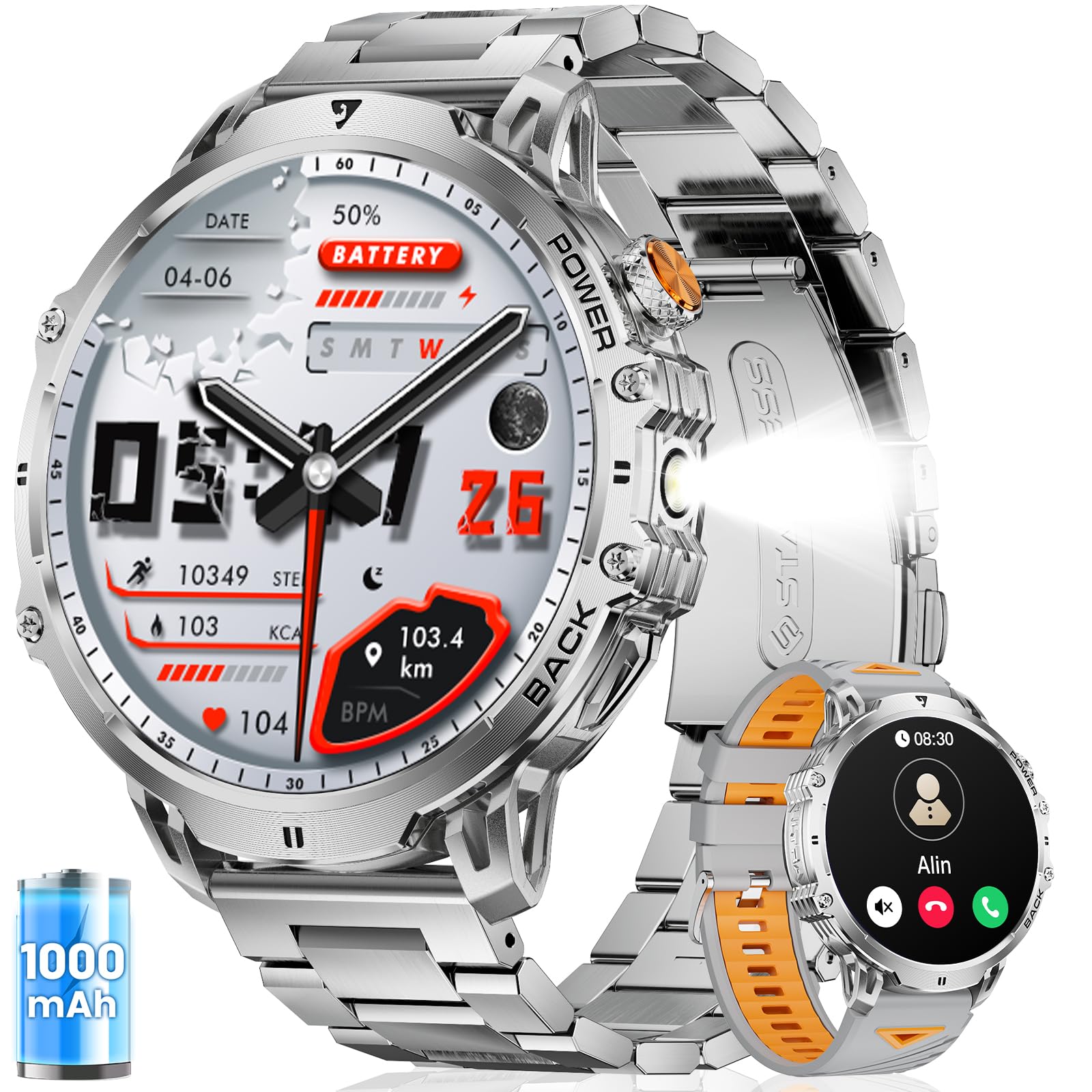 FITFLEX Smartwatch Uomo con Batteria 1000 mAh, Schermo HD da 1,85", Chiamate Bluetooth, Orologio Smart, 120+ Modalità Sportive, Torcia, Analisi della Frequenza Cardiaca e del Sonno, Android/iOS
