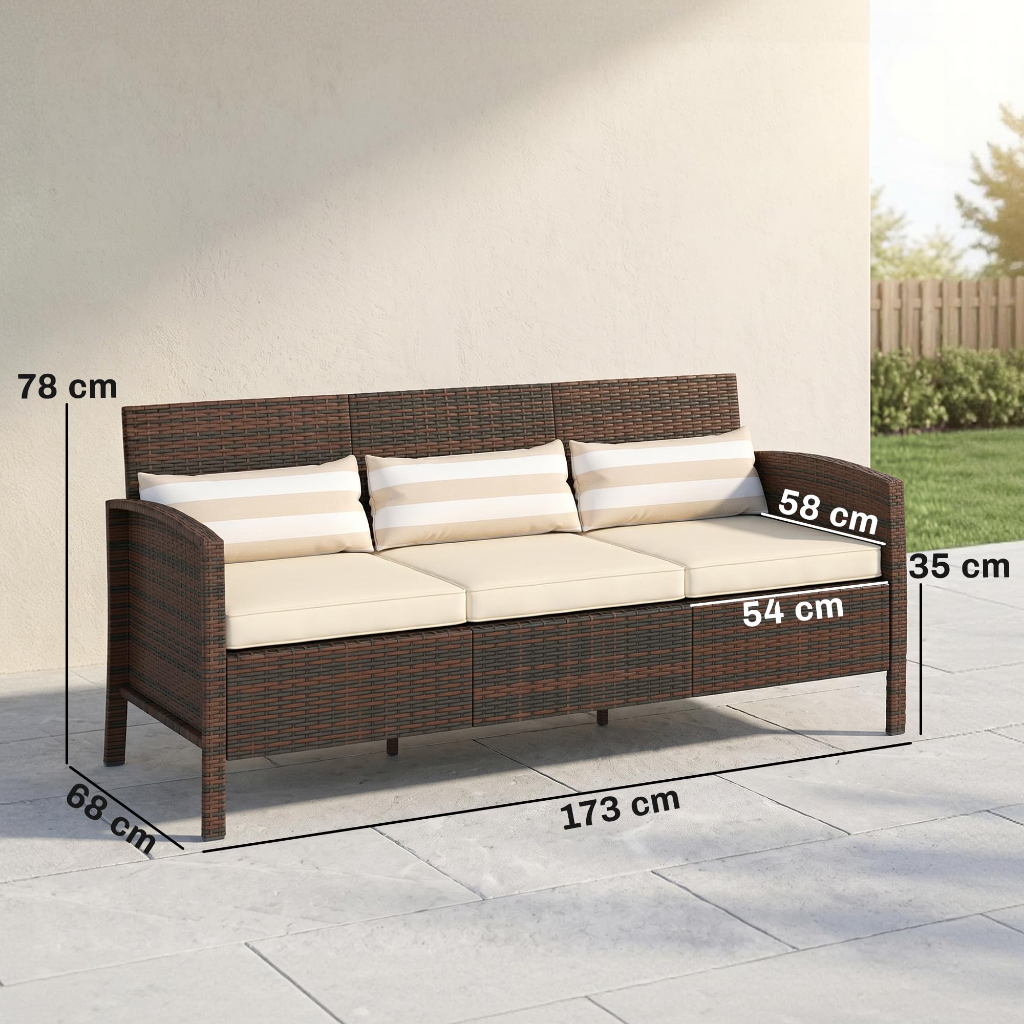 Outsunny Rattan Sofa mit Kissen, Dreisitzer, Garten Loungesofa, Stahl, Braun, 173 x 68 x 78 cm