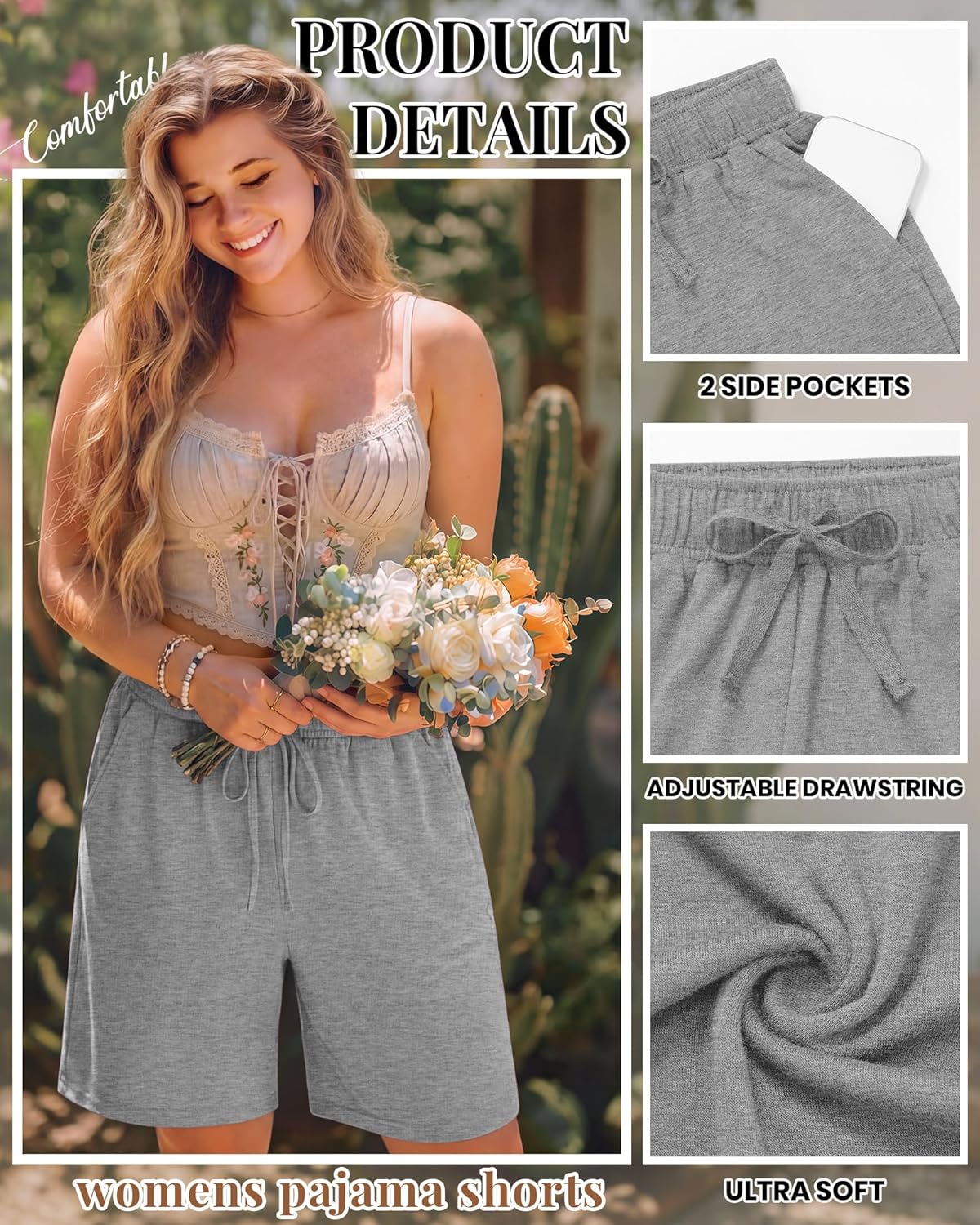 Ficerd 3 Pack Plus Size Women's Bermuda Shorts Cotton Drawstring Knee Length Sweatpants Athletic Casual Pants with Pockets