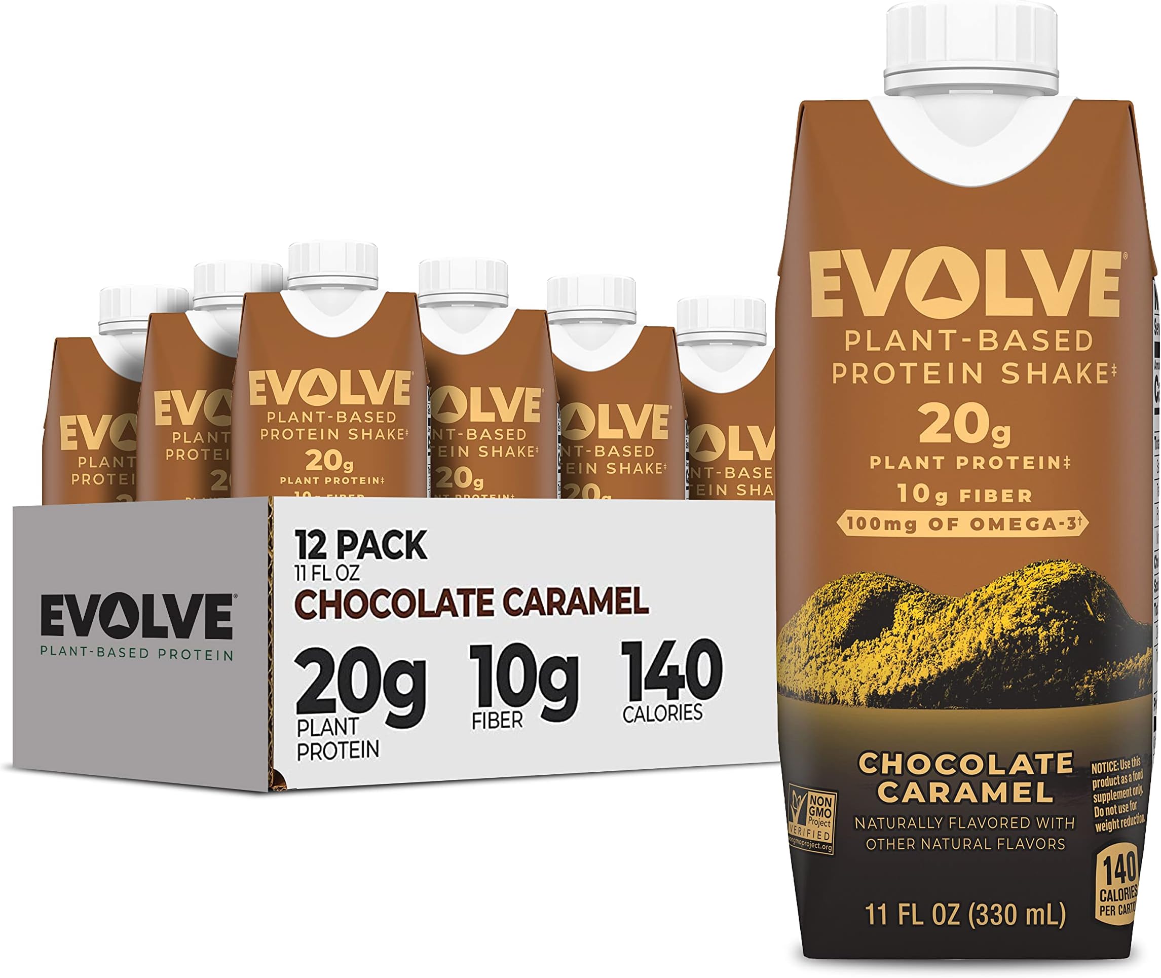 Evolve Plant Based Protein Shake, Chocolate Caramel, 20g Vegan Protein, Dairy Free, No Artificial Sweeteners, Non-GMO, 10g Fiber, 11oz, (12 Pack)