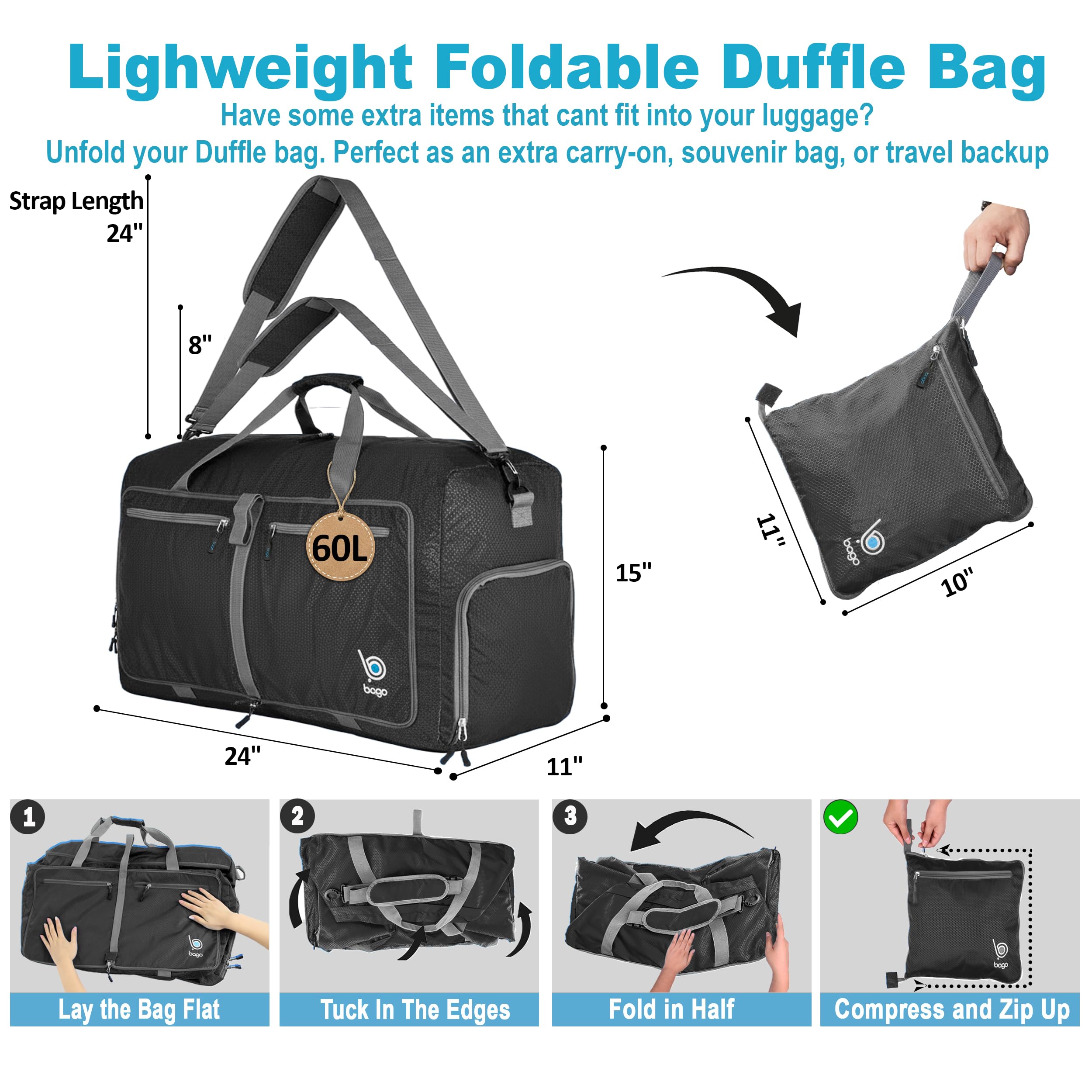 Reisetasche - diese faltbare, 53l große Reisetasche ist beständig, packbar, SUPERLEICHTE 410g mit abnehmbarem Schulterriemen - lässt sich in sich falten - am besten als Gepäck oder Sporttasche - VERMEIDEN SIE GEBÜHREN FÜR ÜBERGEPÄCK - 100% ZUFRIEDENHEITSG