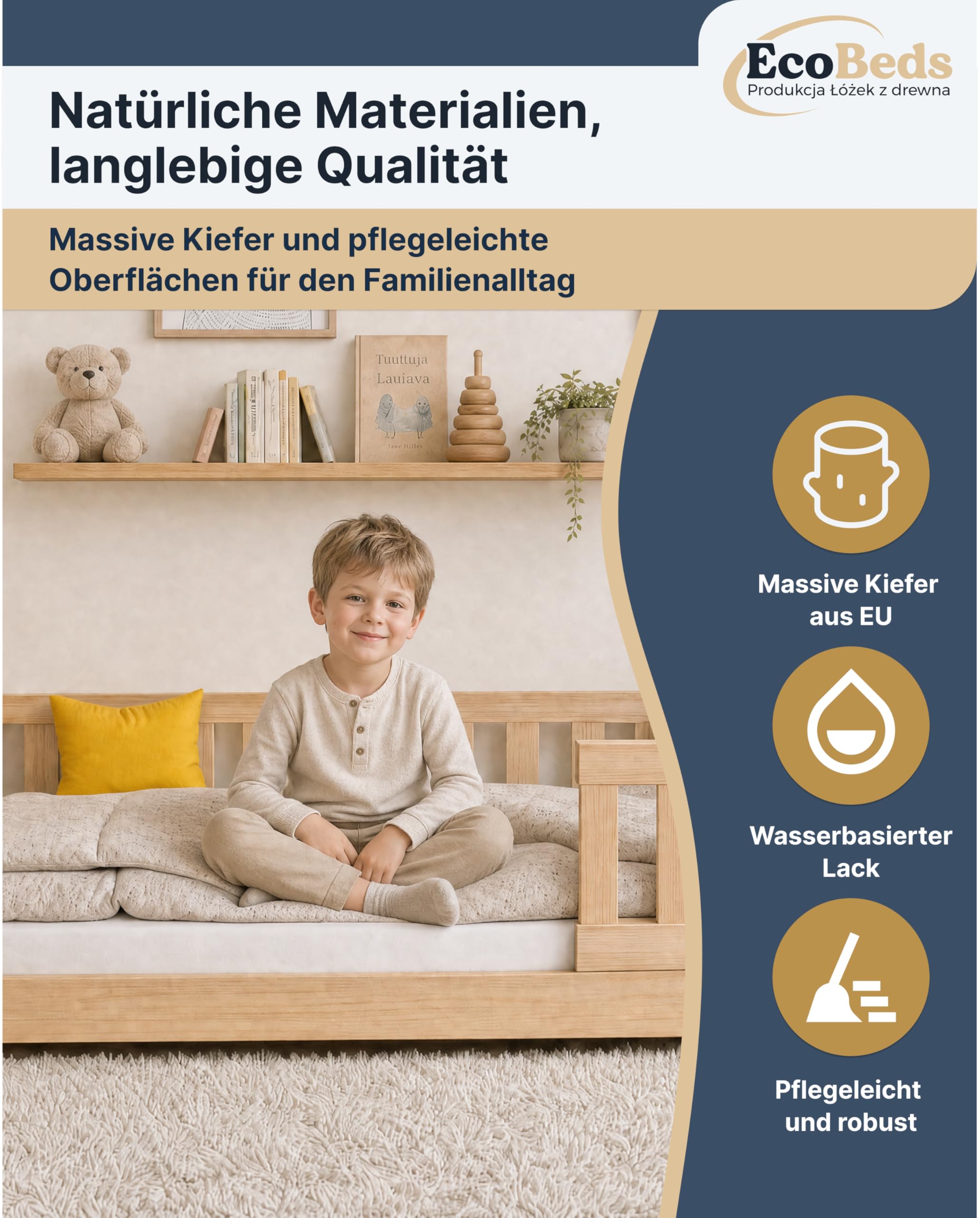 EcoBeds LULU Plus Bodenbett 90x200 cm Kiefer Massivholz bis 150 kg | Natur Lackiert - mit Rausfallschutz und 18 cm Füßen, für Kinder, stabil, robust, einfache Montage