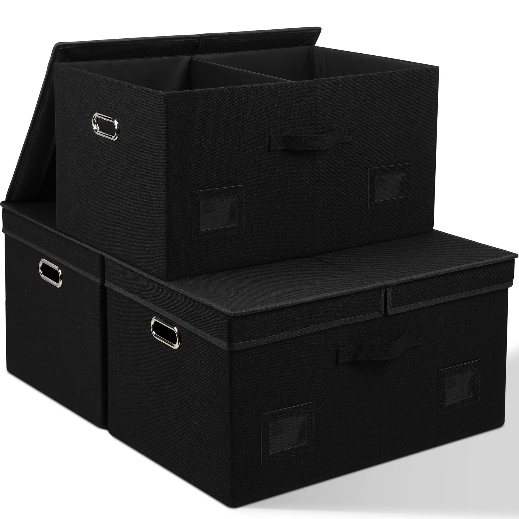 75 Quarts Extra Large Decorative Storage Bins with Lids, 3 Packs Black Collapsible Storage Bins with Lids, Stackable Storage Bins Decorative Box Storage With Lid Extra Large