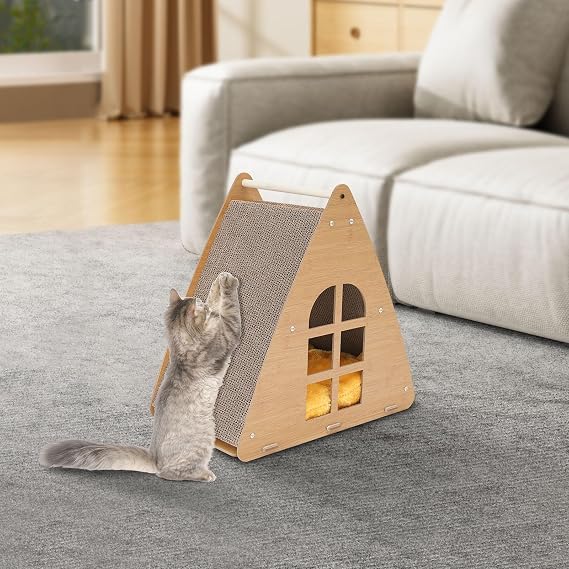 Cat Scratcher Lounge, Large Scratching Lounger Bed for Indoor Cats, Corrugated Cardboard Cat Scratcher House with Soft Cushion Farmhouse Corrugated Cat Scratchers Hideout for Home Balconies