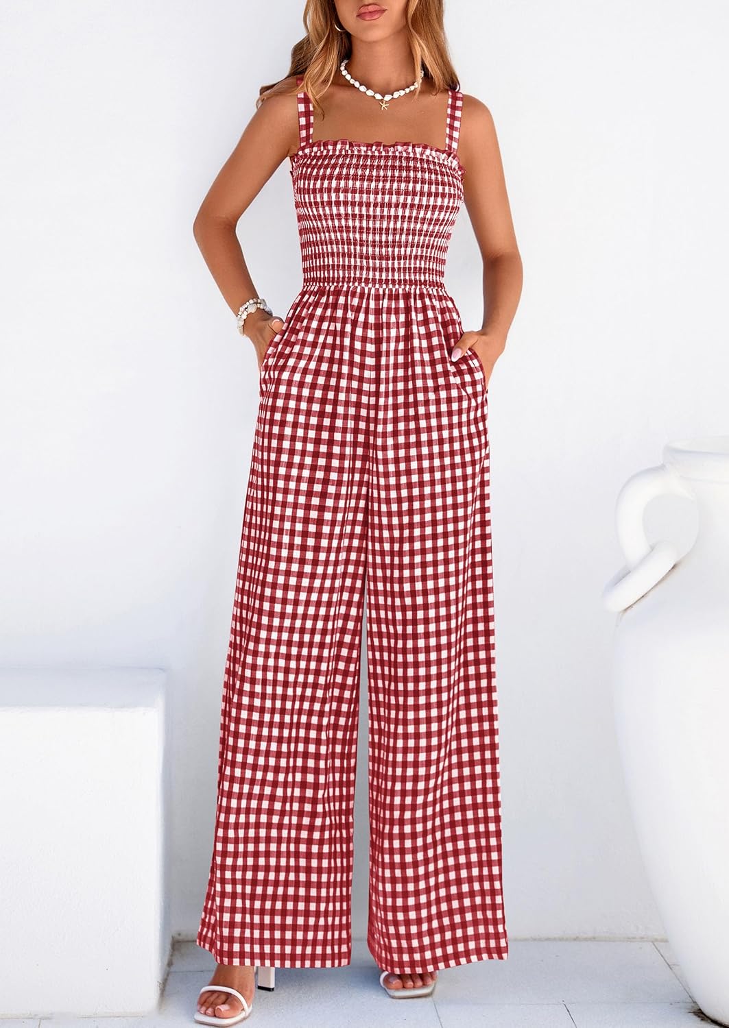 PRETTYGARDEN One Piece Jumpsuits for Women 2026 Summer Sleeveless Smocked Gingham Wide Leg Date Night Rompers Spring Outfits - Image 6