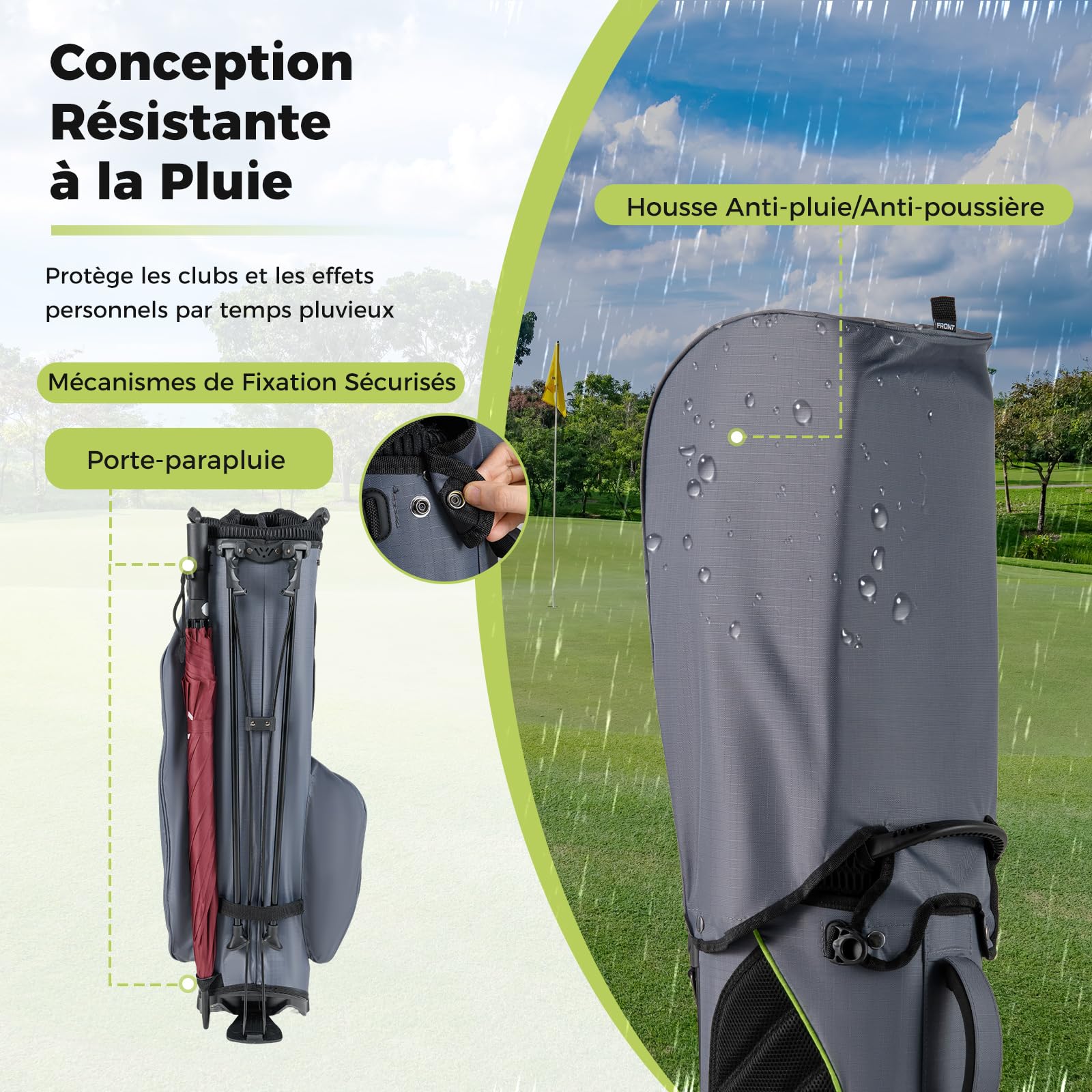 COSTWAY Sac de Golf Léger avec 8 Compartiments Supérieurs et 5 Poches Zippées, Sac de Club de Golf Portable avec Bandoulière Réglable Housse de Pluie et Porte-Parapluie pour Femmes/Hommes