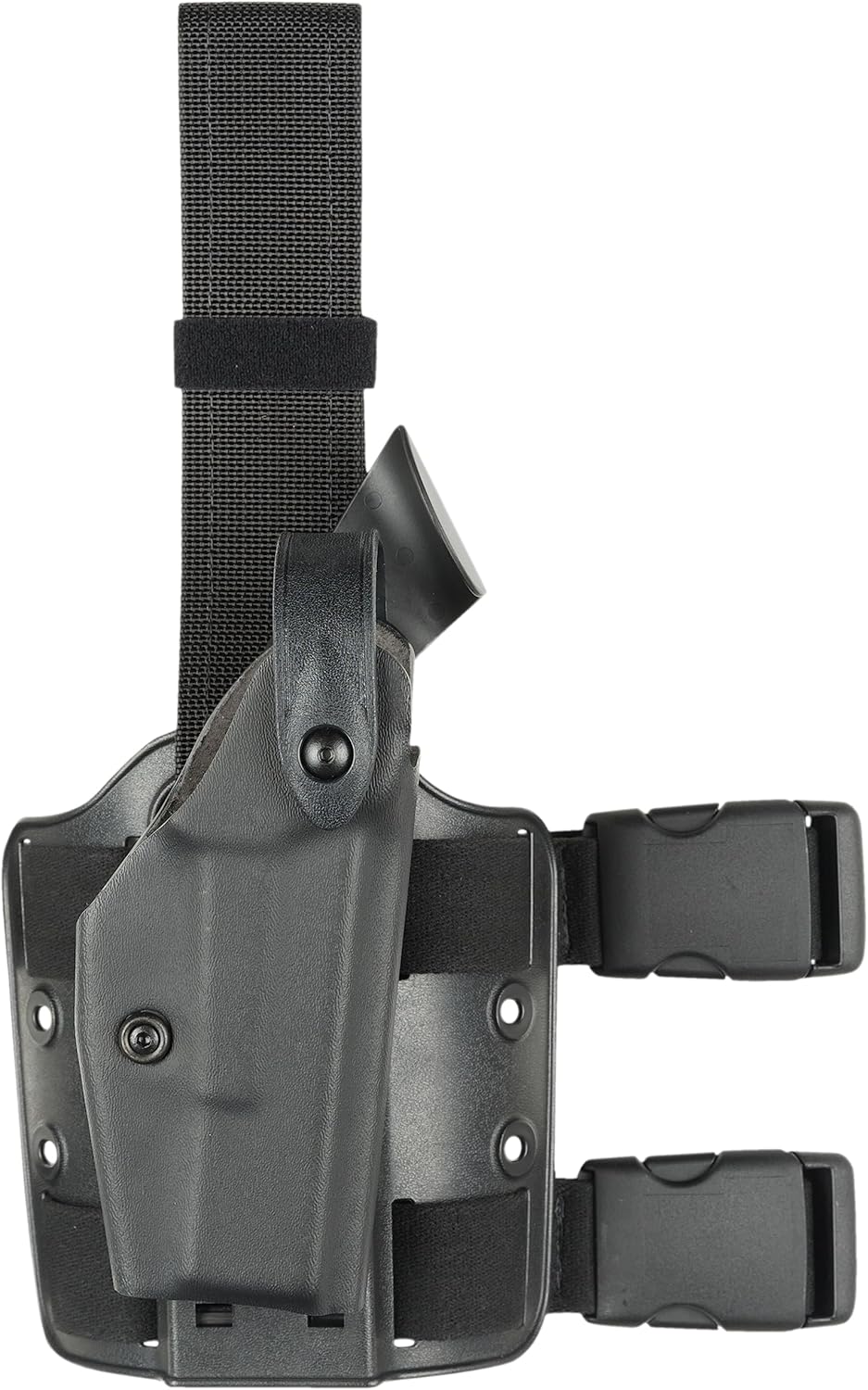 ముందు view of the Safariland 6004 Tactical Holster with a Sig P229R handgun, showing the SLS hood in its closed, locked position.