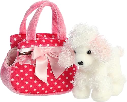 Bolso transportador de peluche con perro, diseño a lunares color rosa, de Aurora World