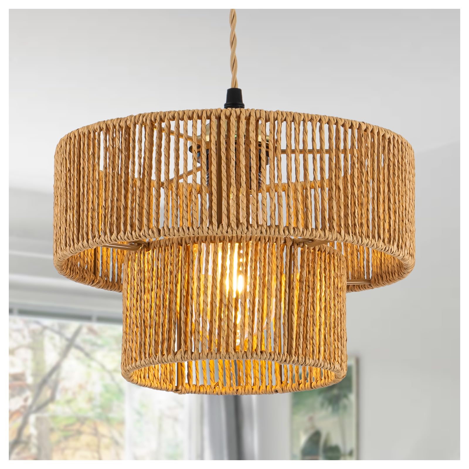 Farmhouse Hand-Woven Rattan Pendant Light Fixture Vintage Boho Bamboo Drum Pendant Lighting Retro 2-Tier Drum Wicker Rattan Golden Pendant Light for Kitchen Island, Dining Room, Bedroom Room