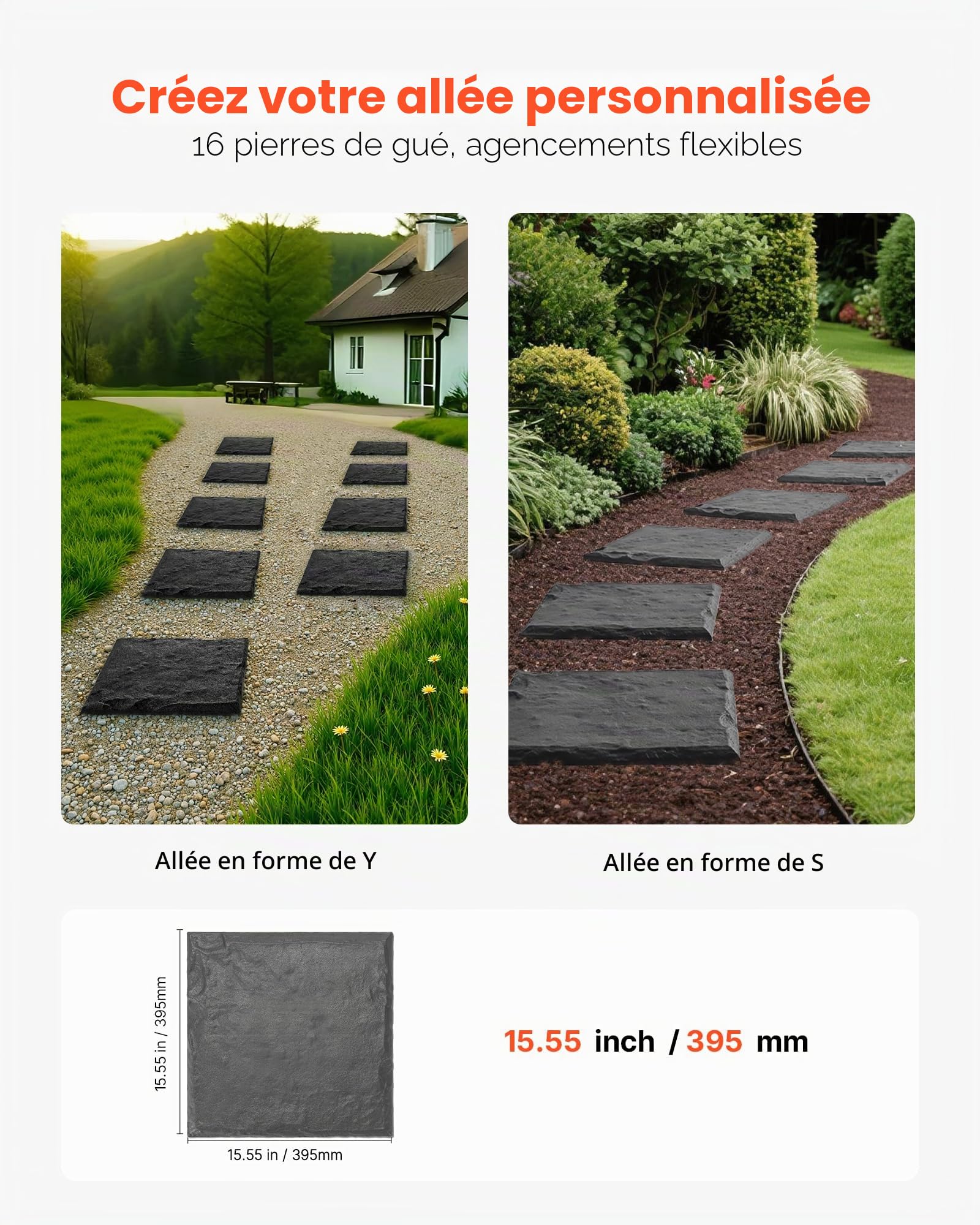 VEVOR Pierres de Marche Jardin, 16 PCS, Dalles de Pas Jardin, 39,5x39,5 cm, Aspect Pierre Naturelle en Résine PC ABS, avec Piquets de Sol, Pavés pour Allée Chemin Extérieure, Pelouse, Terrasse, Gris