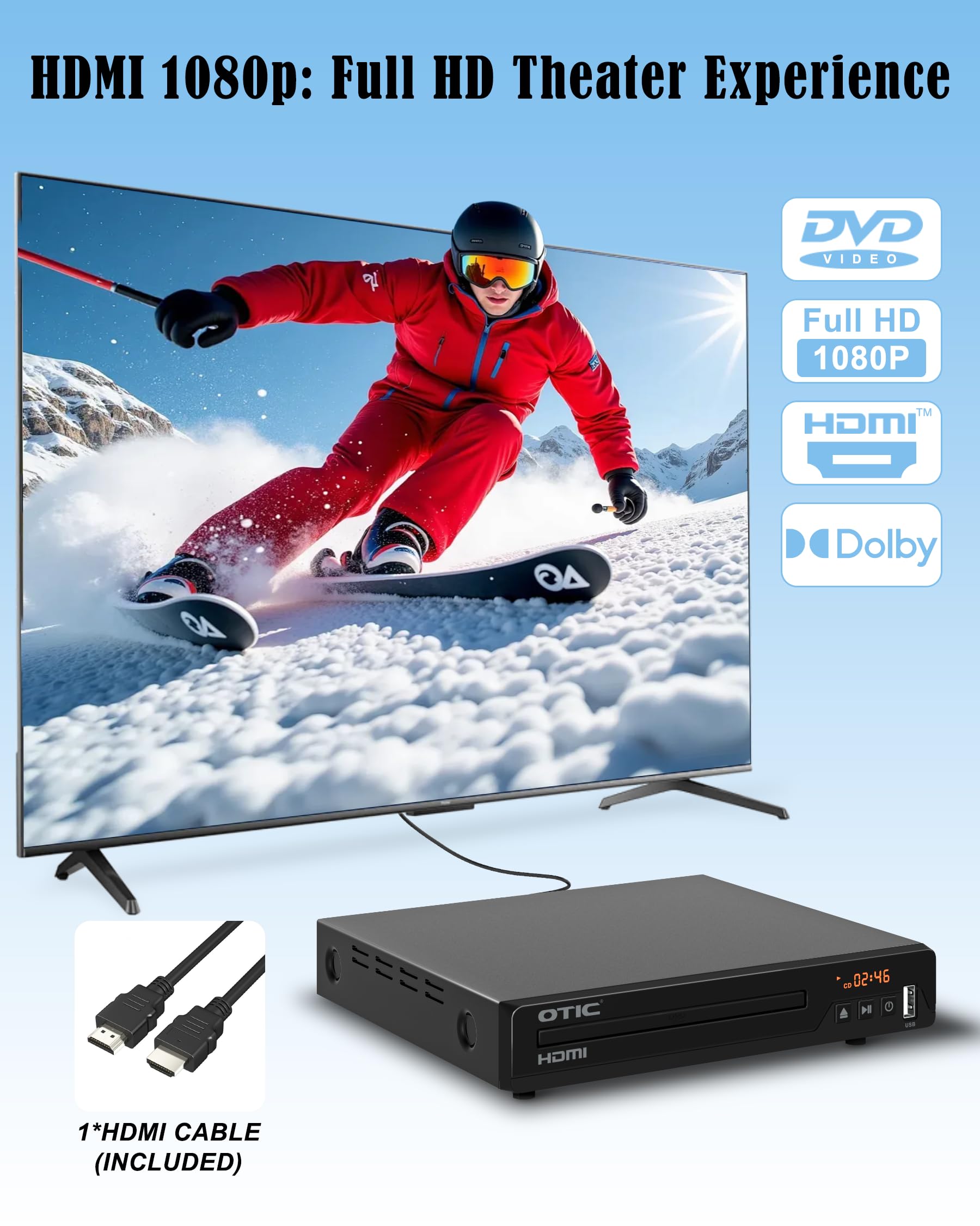 Uniwersalny odtwarzacz DVD HDMI do telewizora, wiele formatów i metalowa obudowa, kompaktowy odtwarzacz CD z portem USB/Dolby Digital Sound do Smart TV, osób starszych, domowego systemu stereo, w