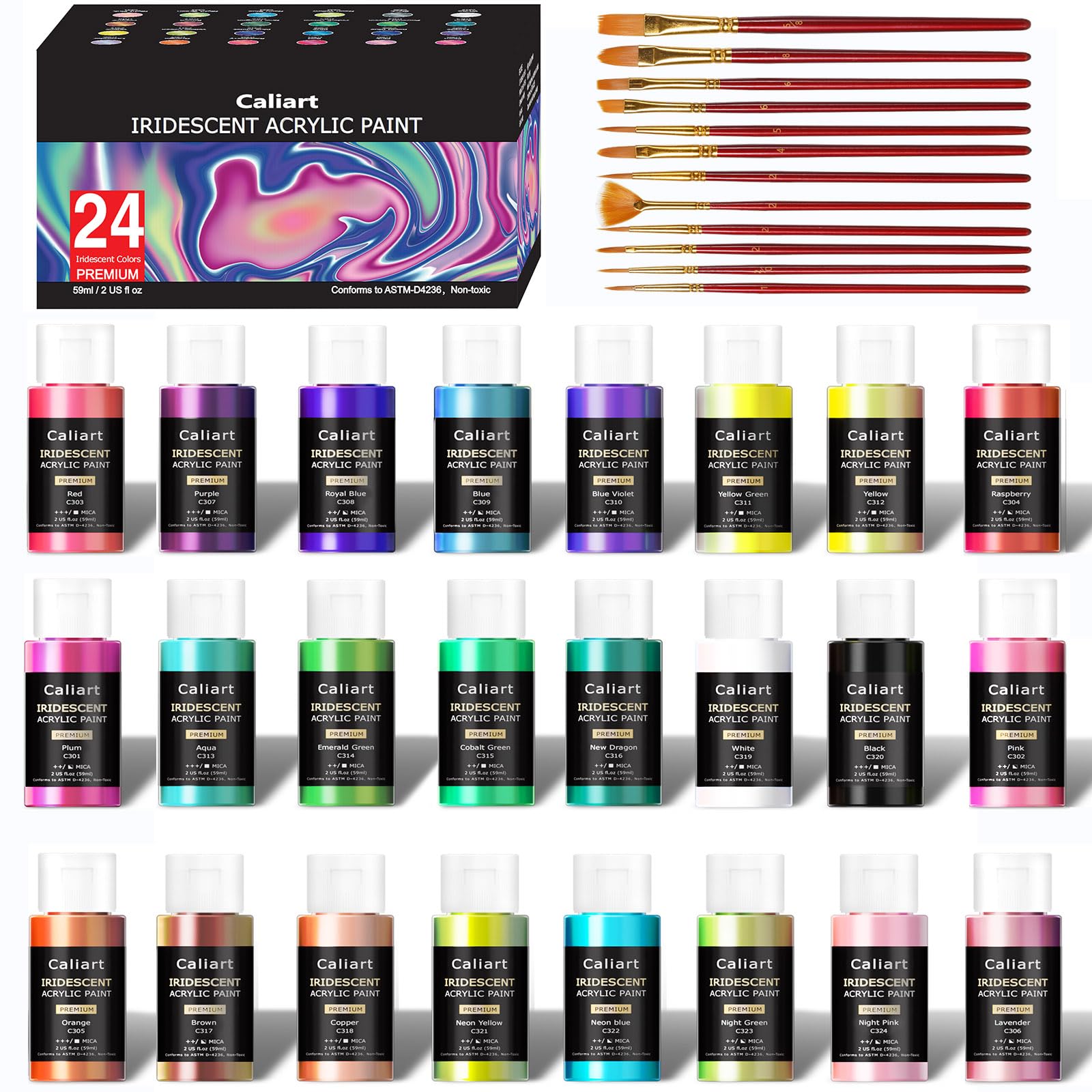 Caliart Iridescent Acrylic Paint with 12 Brushes, 24 Colors (59ml, 2oz) Art Craft Paints for Adults Artists Beginners Painters, Halloween Decorations Canvas Ceramic Wood Rock Painting Kit