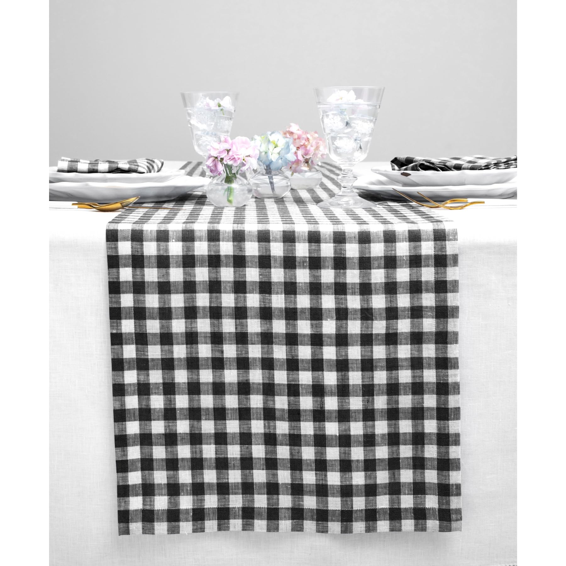 Solino Home Linen Gingham Table Runner 48 Inches - 100% Pure Linen Black Checkered Table Runner 14 x 48 Inch Ideal for Dresser and Coffee Tables -