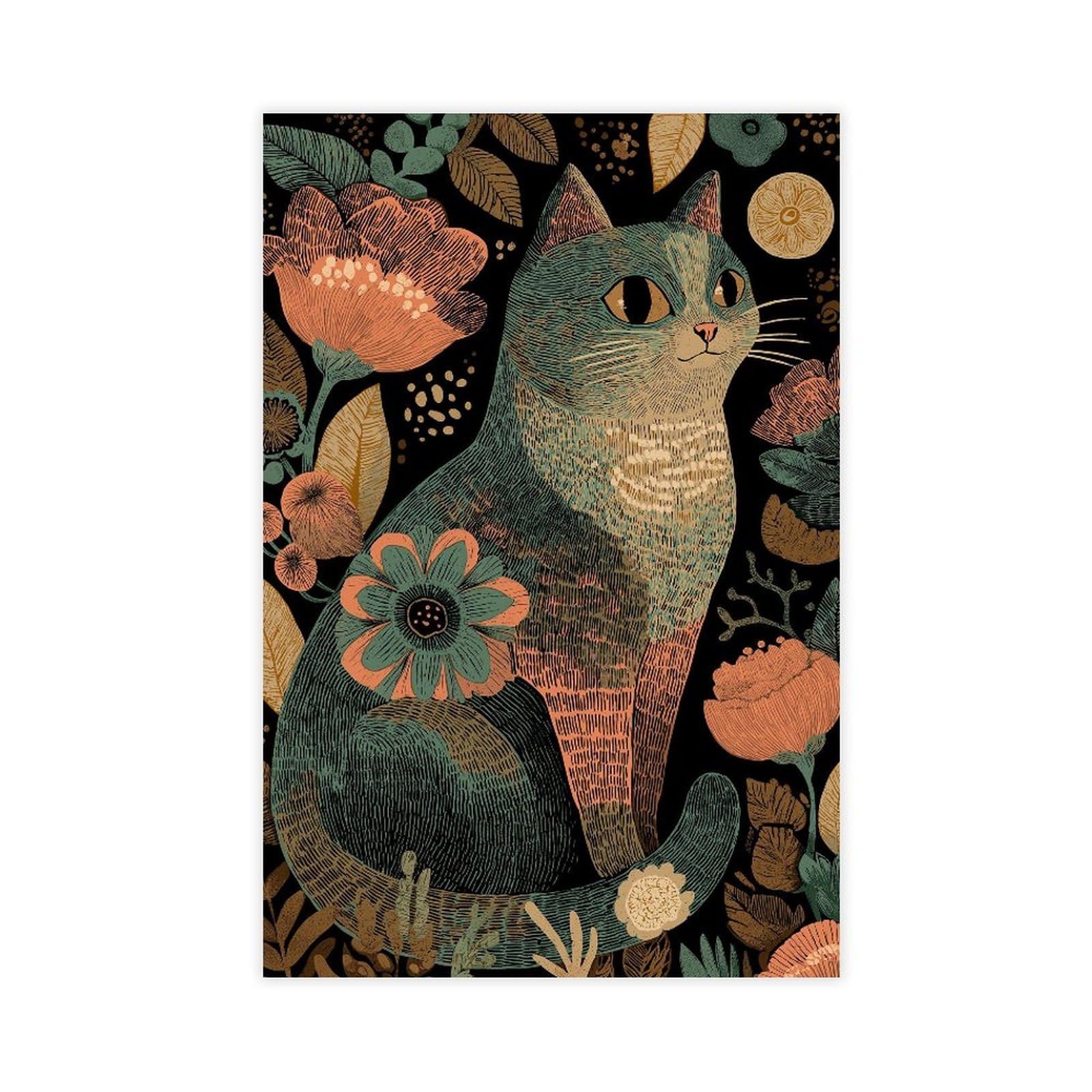 MRYCQ Folk Art Cat Poster Canvas Poster for Office Decor Gift