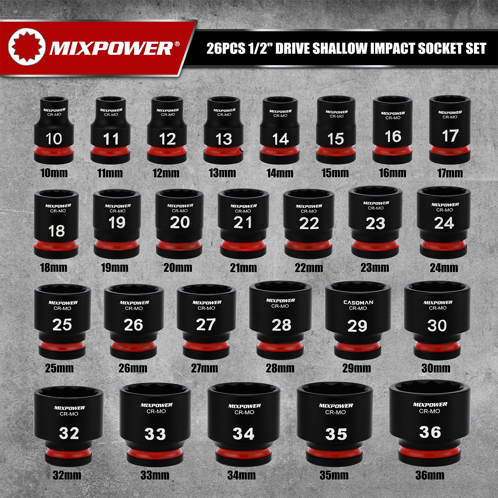 MIXPOWER Set di 26 bussole a impatto poco profondo, 12 punti, metriche, 10-36 mm, CR-MO, dado dell'asse per una facile rimozione