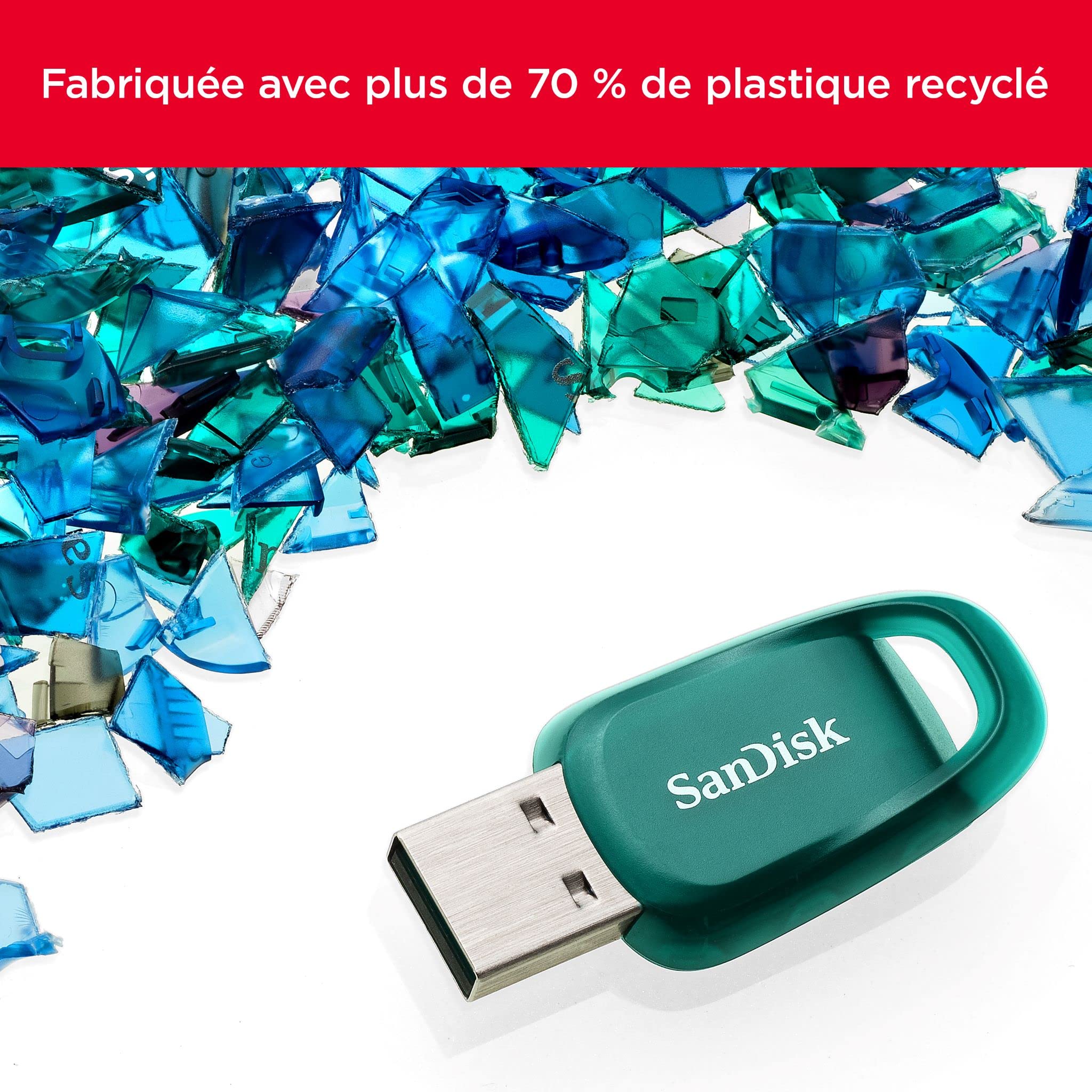 SanDisk Ultra Eco 512 Go clé USB 3.2 avec vitesse de lecture allant jusqu’à 100 Mo/s. Une clé USB fabriquée avec plus de 70 % de plastique recyclé