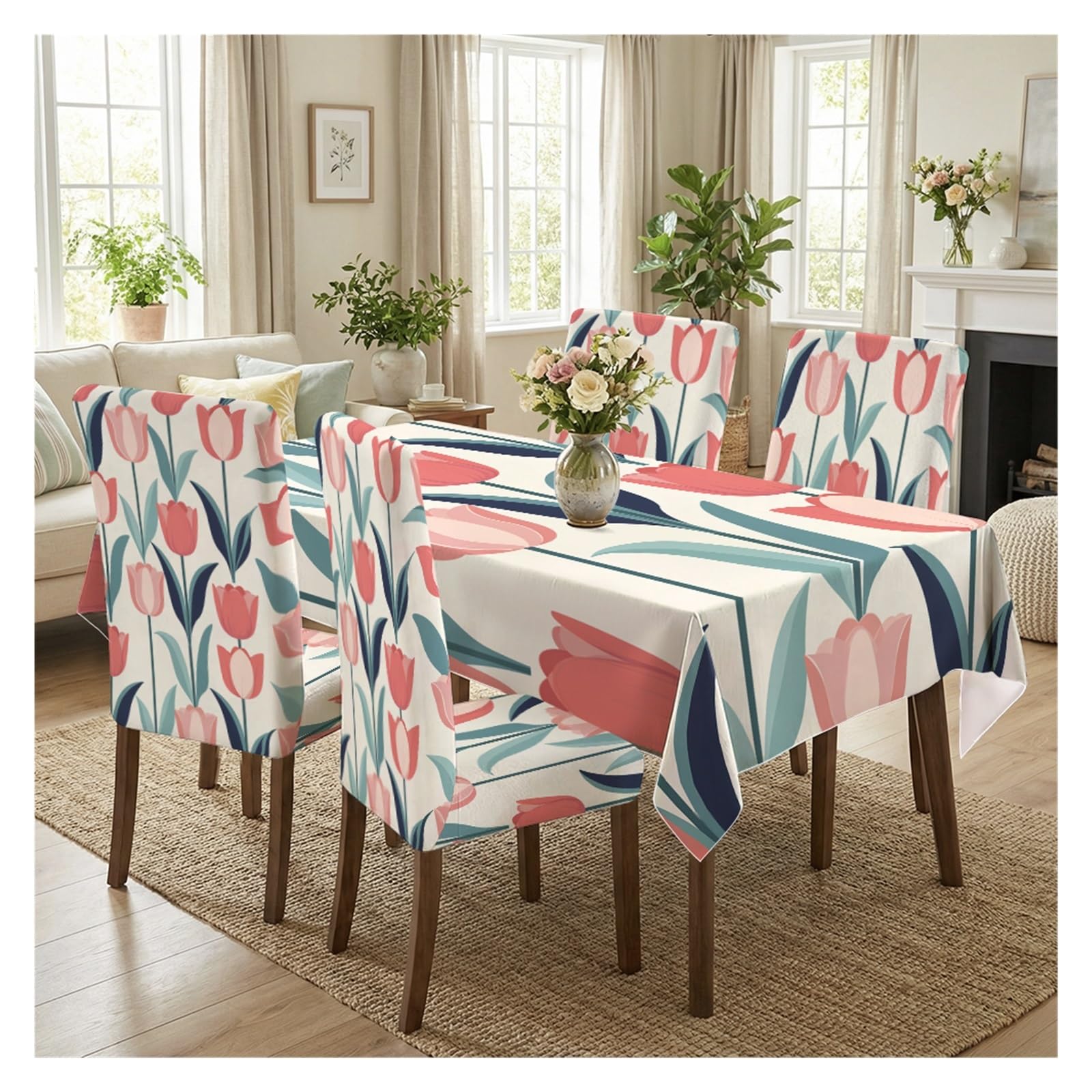 KXUAUV Off White Base Vibrant Tulip Floral Print Dining Tablecloth & Chair Covers Set, 5/7 Piece Modern Spring Cottage Dining Decor Party Decor(5pcs Set: Tablecloth+Chair Covers)