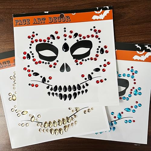 Miniatura 3 de Face Jewels - Tatuajes faciales temporales, paquete de 6 gemas faciales para el Día del Calavera Died, calcomanías faciales con purpurina de cristal