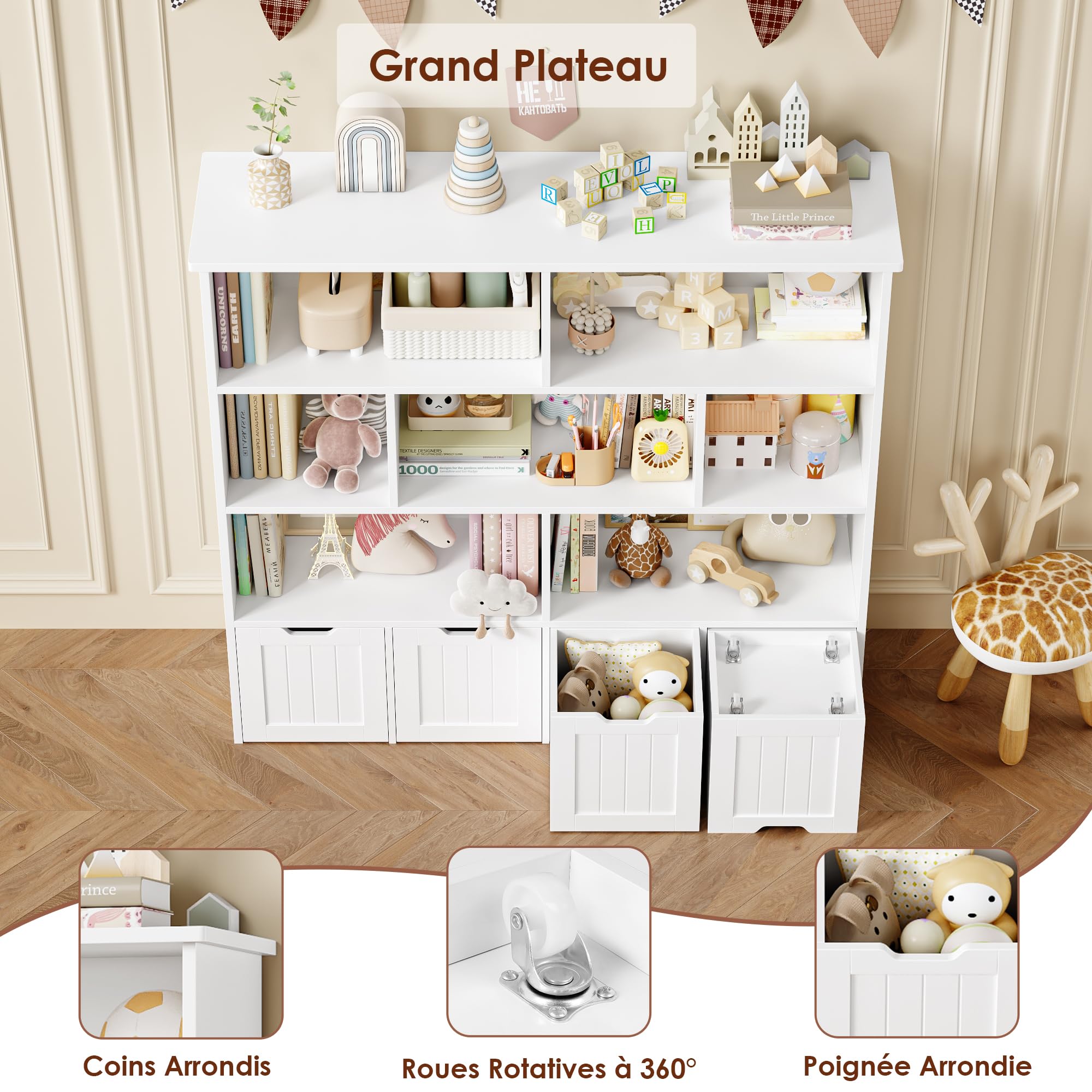 FOREHILL Meuble de Rangement Enfant Bibliothèque Enfant avec 8 Étagères 4 Tiroirs Roulants Rangement Jouet pour Chambre d’Enfant Salle de Jeu 125.5x33x118cm Blanc