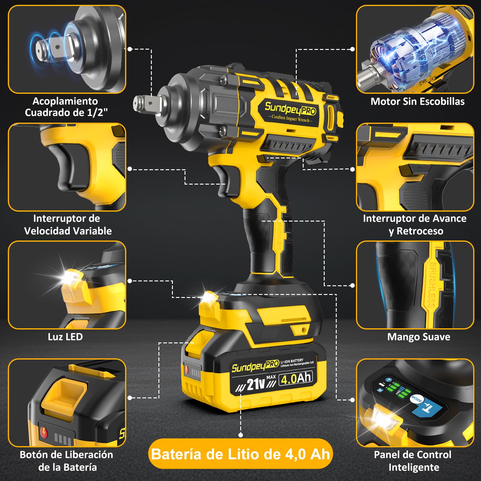 Llave de Impacto Inalámbrica 1300Nm, Pistola de Impacto Bateria 1/2" con 2 Baterías 4.0Ah, Motor Brushless, 3 Velocidades + Modo RSS, Maletín y 6 Enchufes, para Mecánica, Construcción & Bricolaje