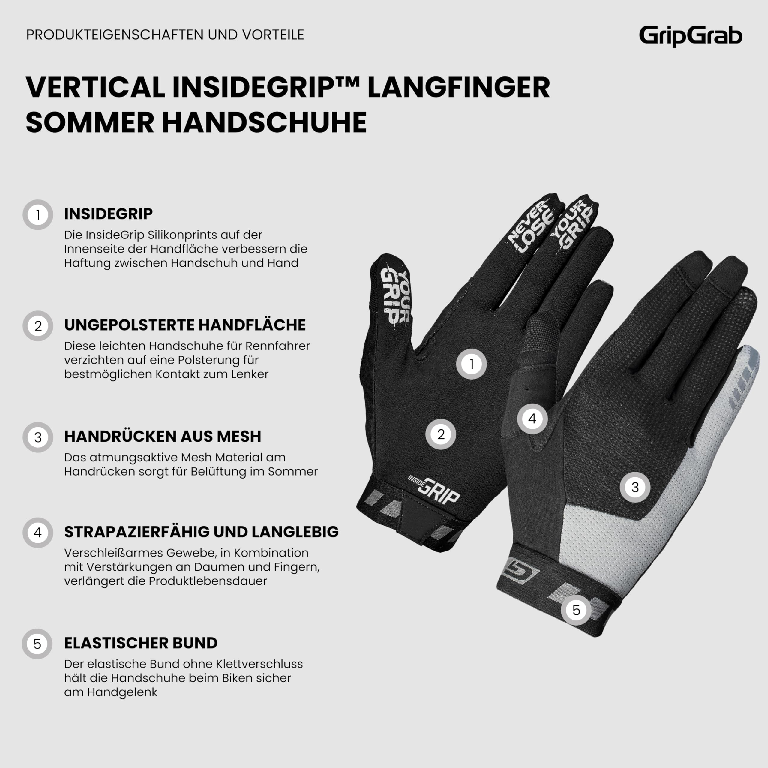 GripGrab Vertical InsideGrip Langfinger Profi MTB Handschuhe Ungepolsterte Rutschfeste Vollfinger Radsporthandschuhe