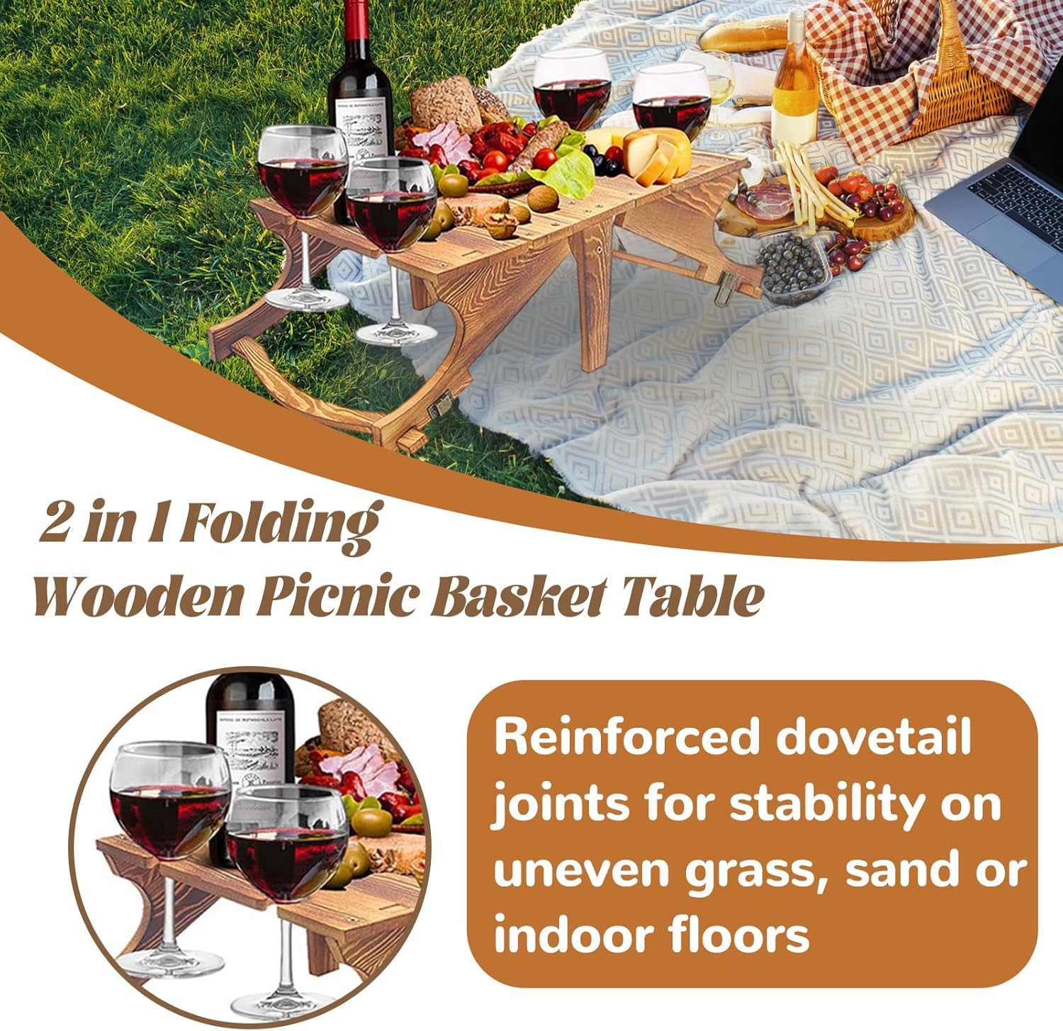 TAVOLO DA PICNIC pieghevole spento con supporto vetro da vino - bicchiere da vino portatile8132